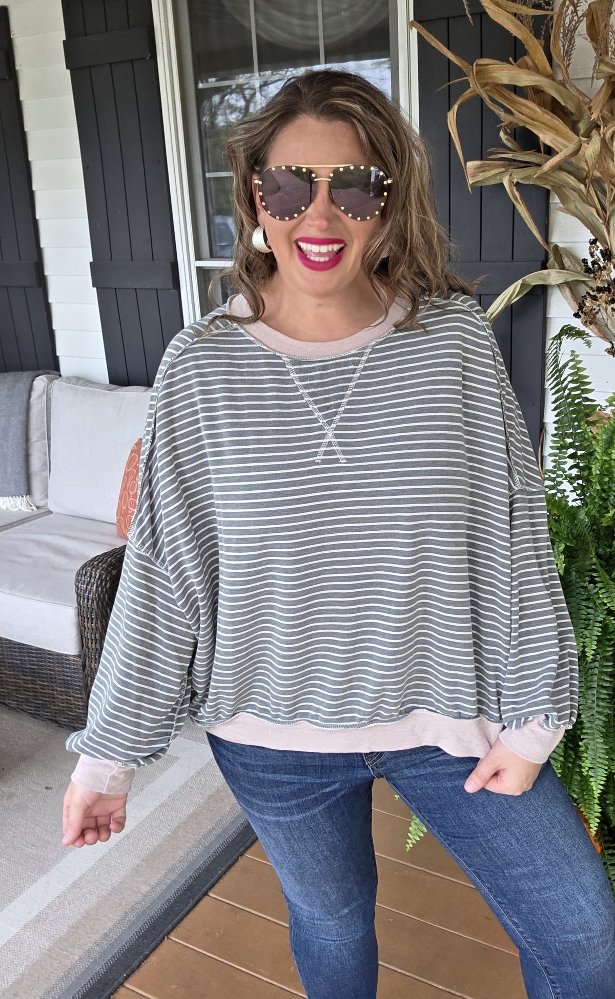 OLIVE STRIPED LOOSE FIT DROP SHOULDER TOP
