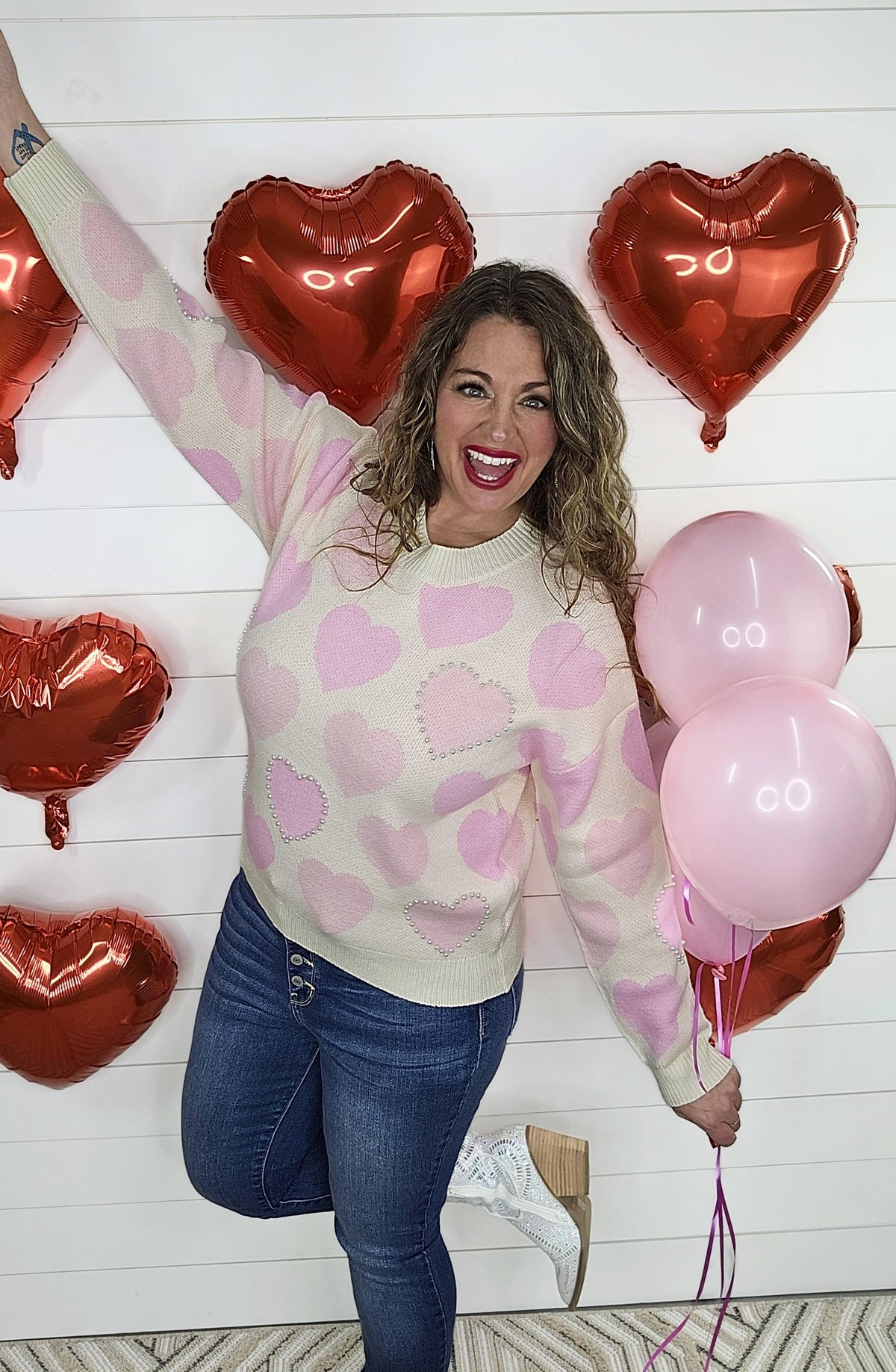 IVORY/PINK HEART PEARL SWEATER