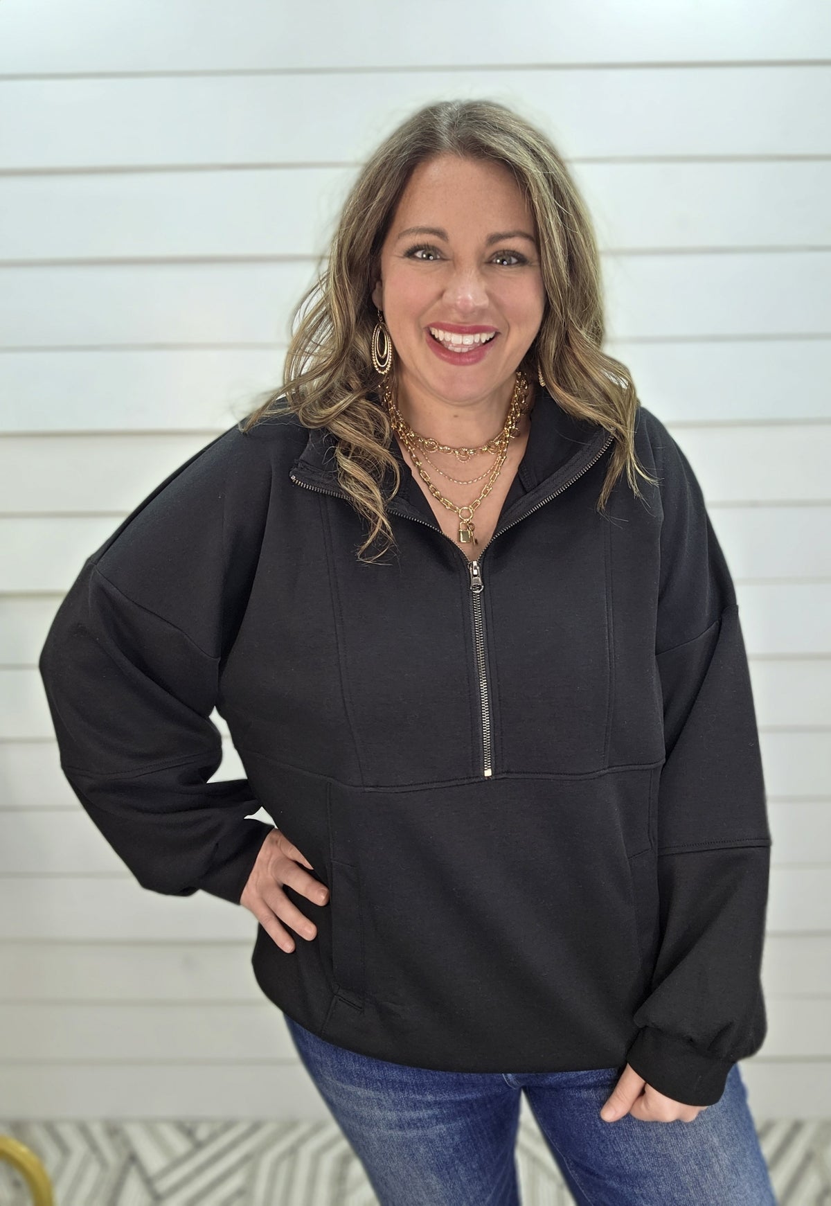 BLACK SCUBA HALF ZIP PULLOVER W/ KANGAROO POCKET