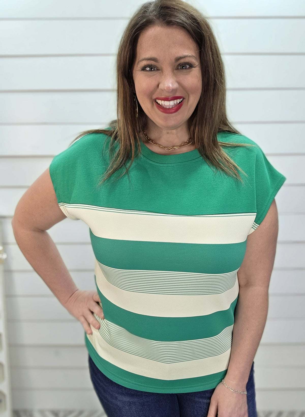 GREEN STRIPED MIXED CAP SLEEVE KNIT TOP