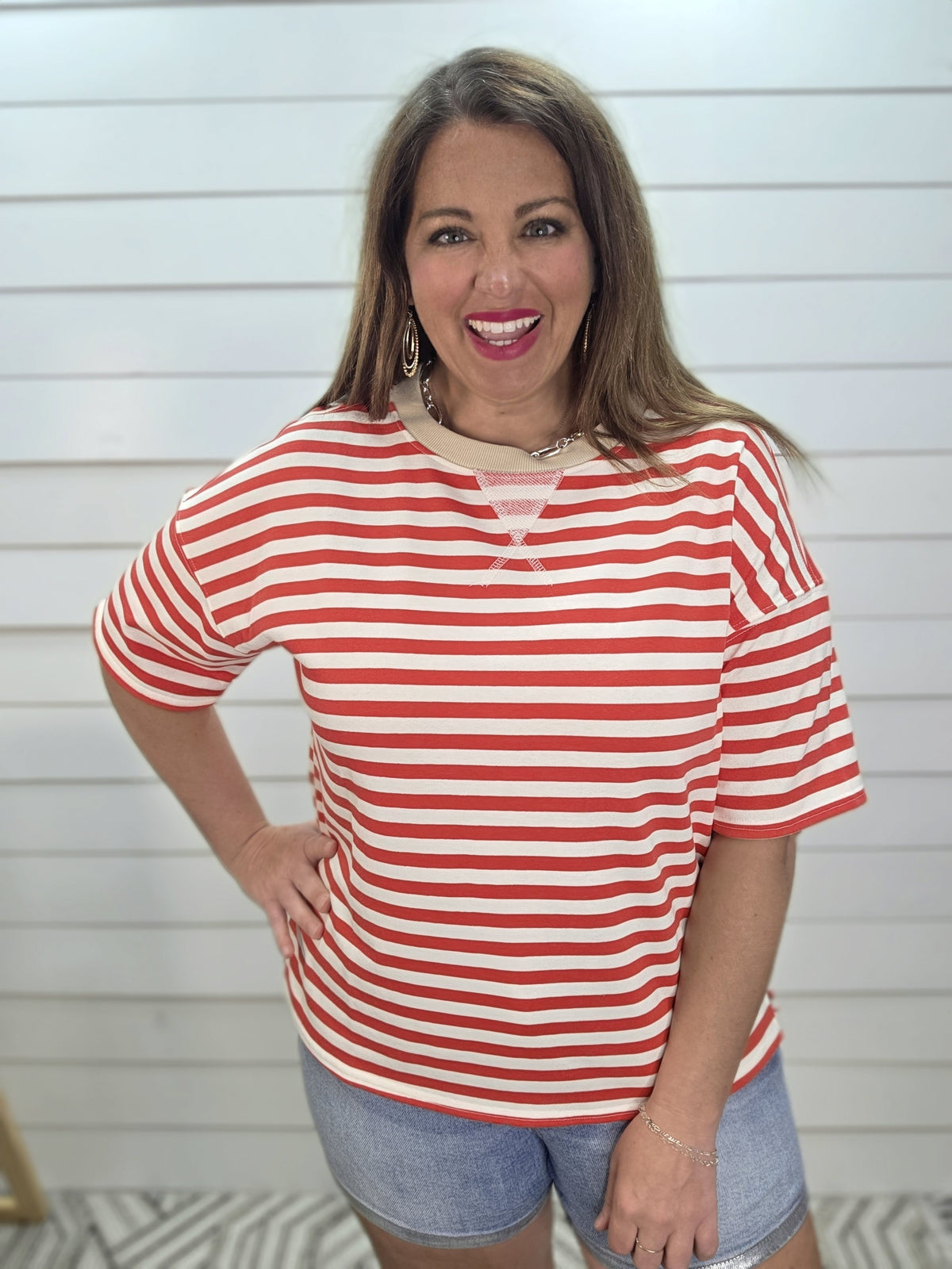 RED/CREAM STRIPED FENCH TERRY KNIT TOP W/ SAND NECKLINE