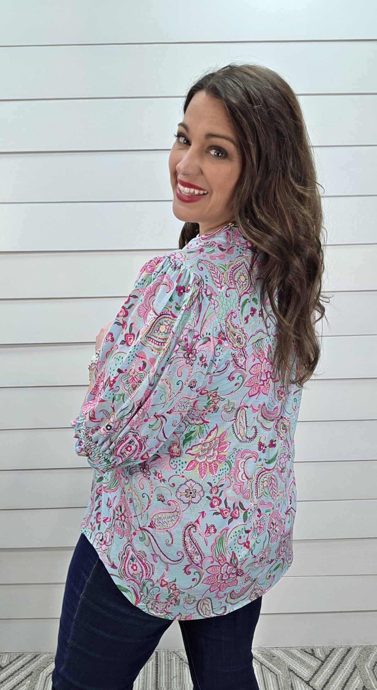 DEAR SCARLETT SMOCKED TOP - AQUA PINK PAISLEY PRINT