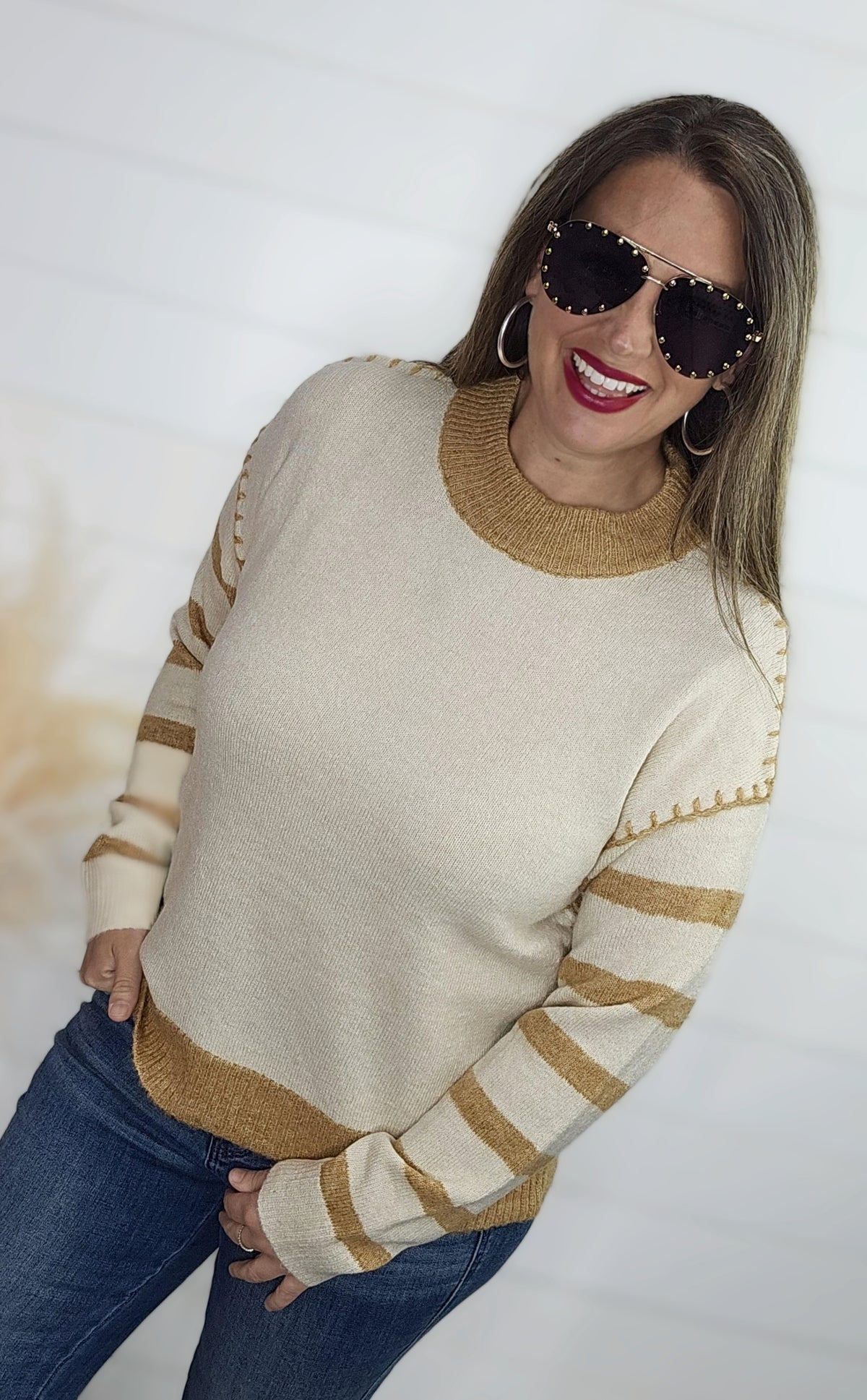 HONEY BLANKET STITCH STRIPED SLEEVE PULLOVER SWEATER