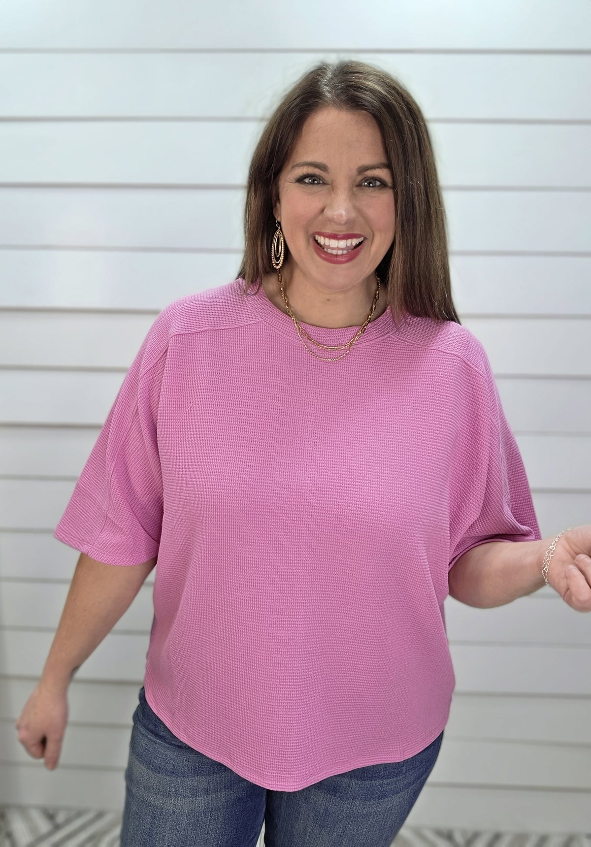 CANDY PINK DOUBLE KNIT TEXTURED HALF SLEEVE KNIT TOP