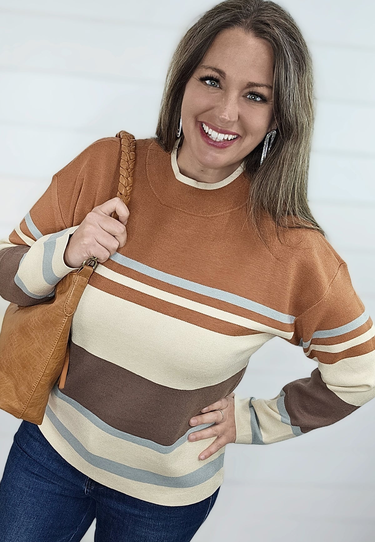 COPPER MULTI STRIPE CREW NECK PULLOVER SWEATER