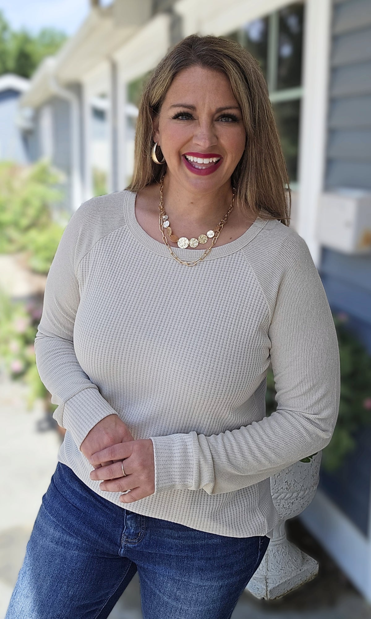 NATURALCONTRAST LONG SLEEVE WAFFLE KNIT TOP