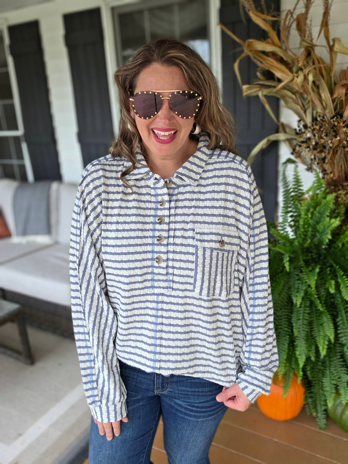 DENIM STRIPED TEXTURED OVERSIZED HENLEY TOP