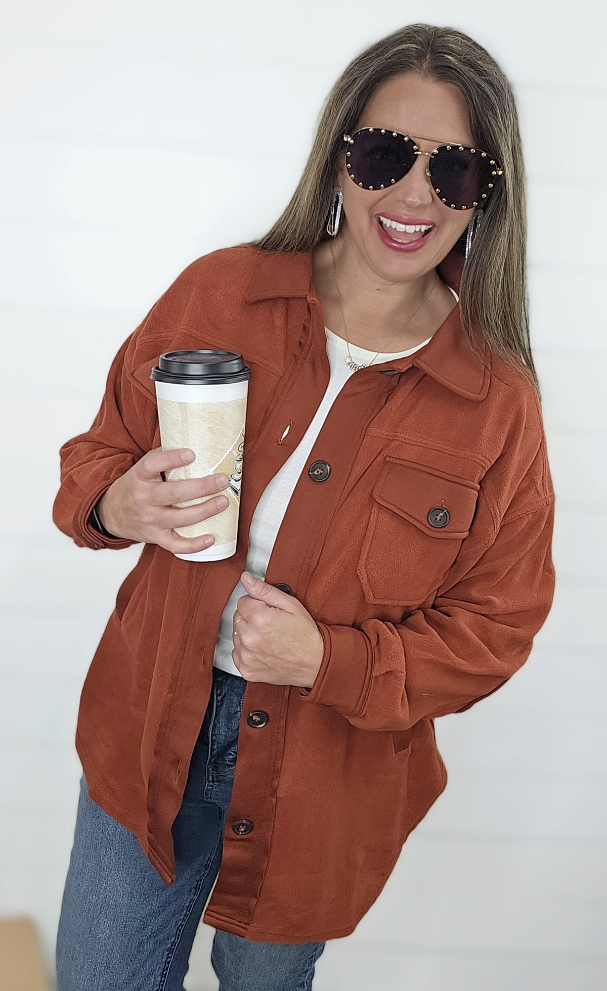 OVERSIZED PLUSH FLEECE SHACKET - RUST