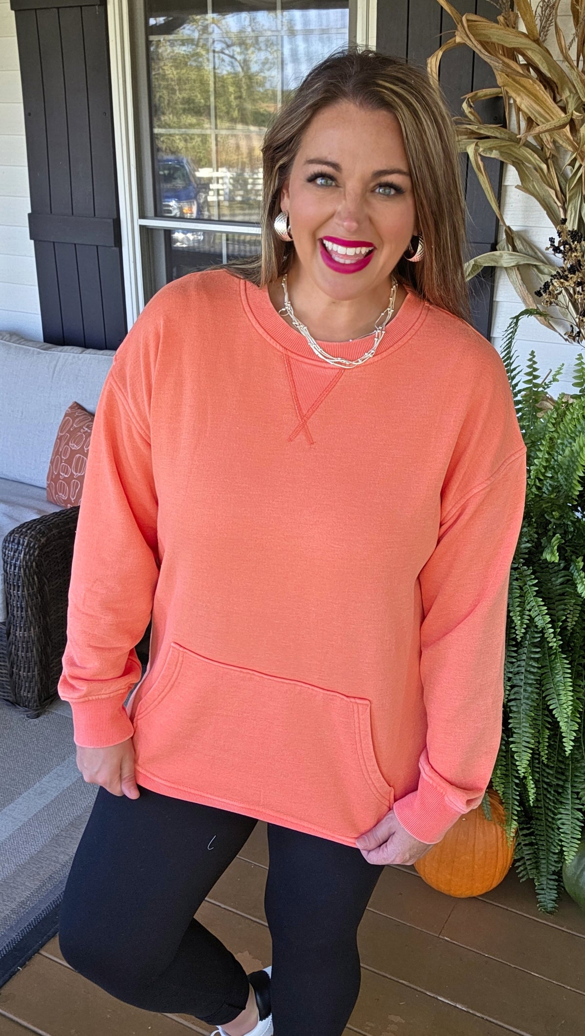 HOT CORAL MINERAL WASH PULLOVER W/ KANGAROO POCKET