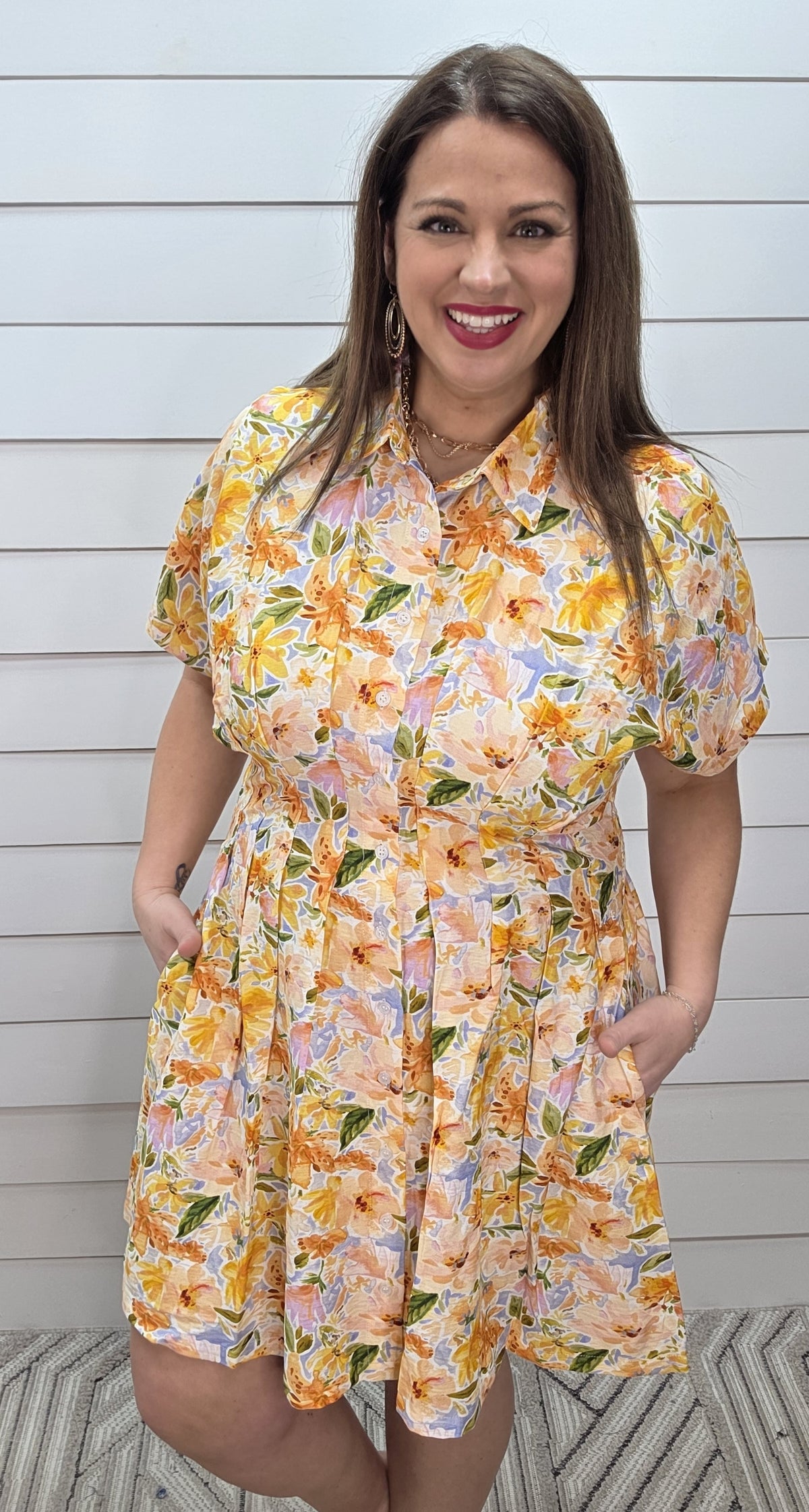 MANGO FLORAL PRINT BUTTON FRONT PLEATED DRESS W/ POCKETS