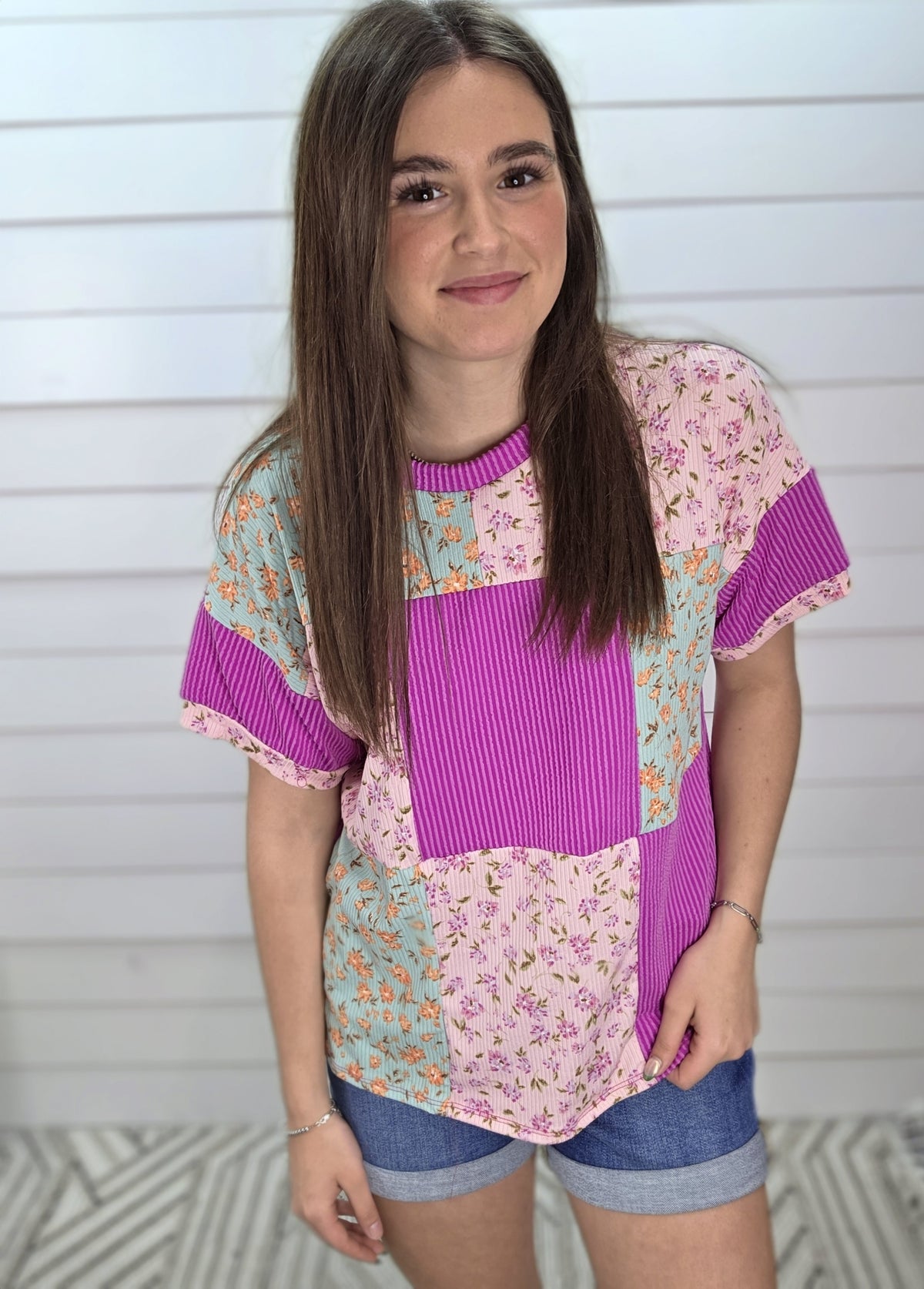 MAGENTA FLORAL PATCHWORK KNIT TOP