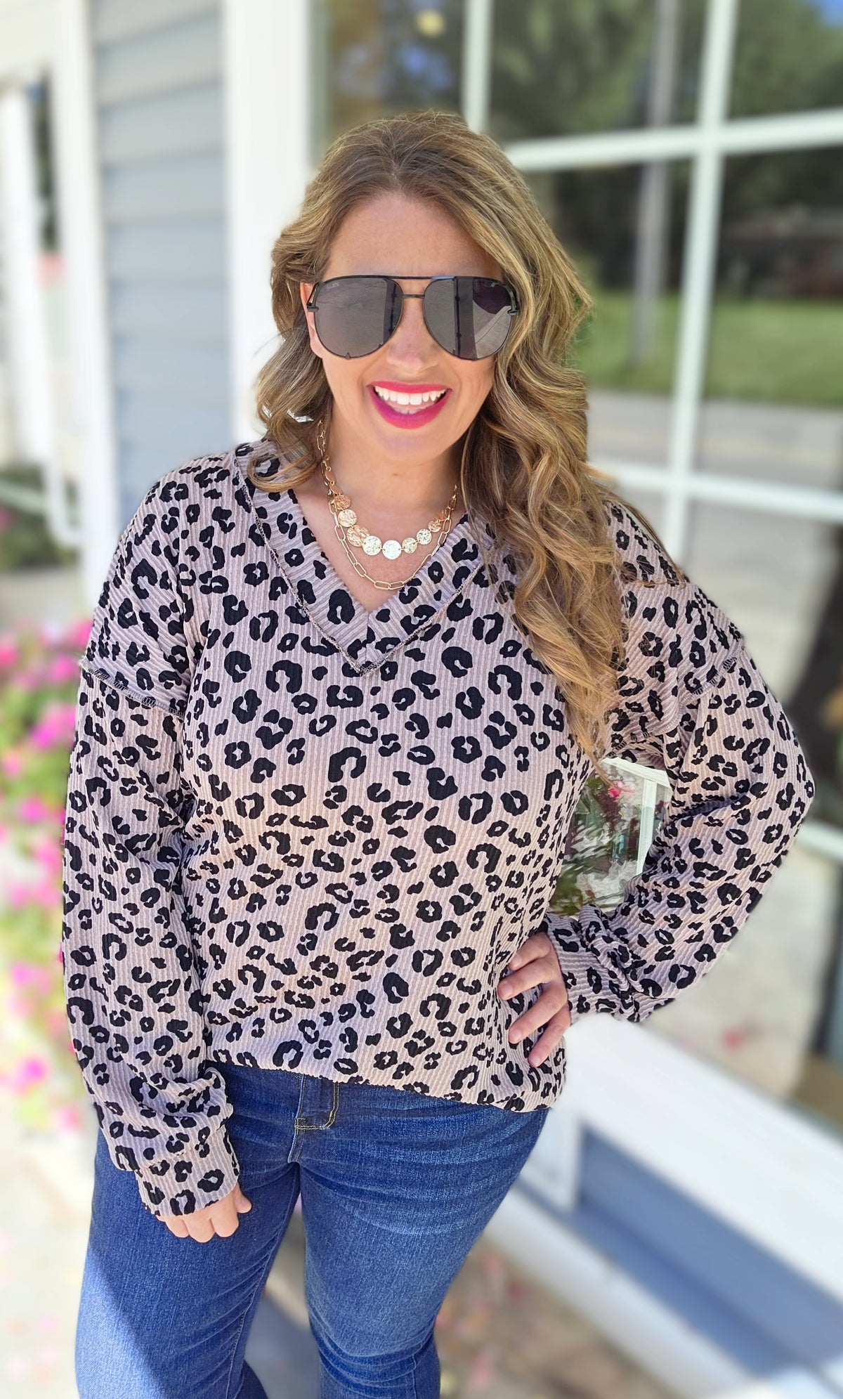 MOCHA LEOPARD RAISED RIBBED V NECK LONG SLEEVE KNIT TOP
