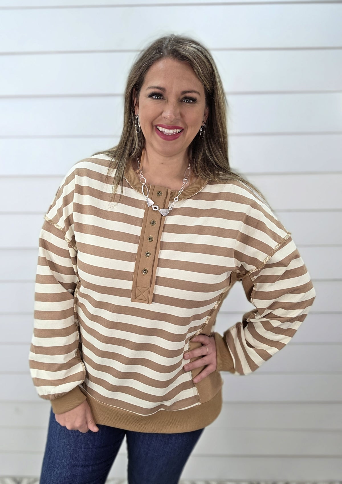 MOCHA/CREAM STRIPED BUTTON HENLEY FRECH TERRY TOP