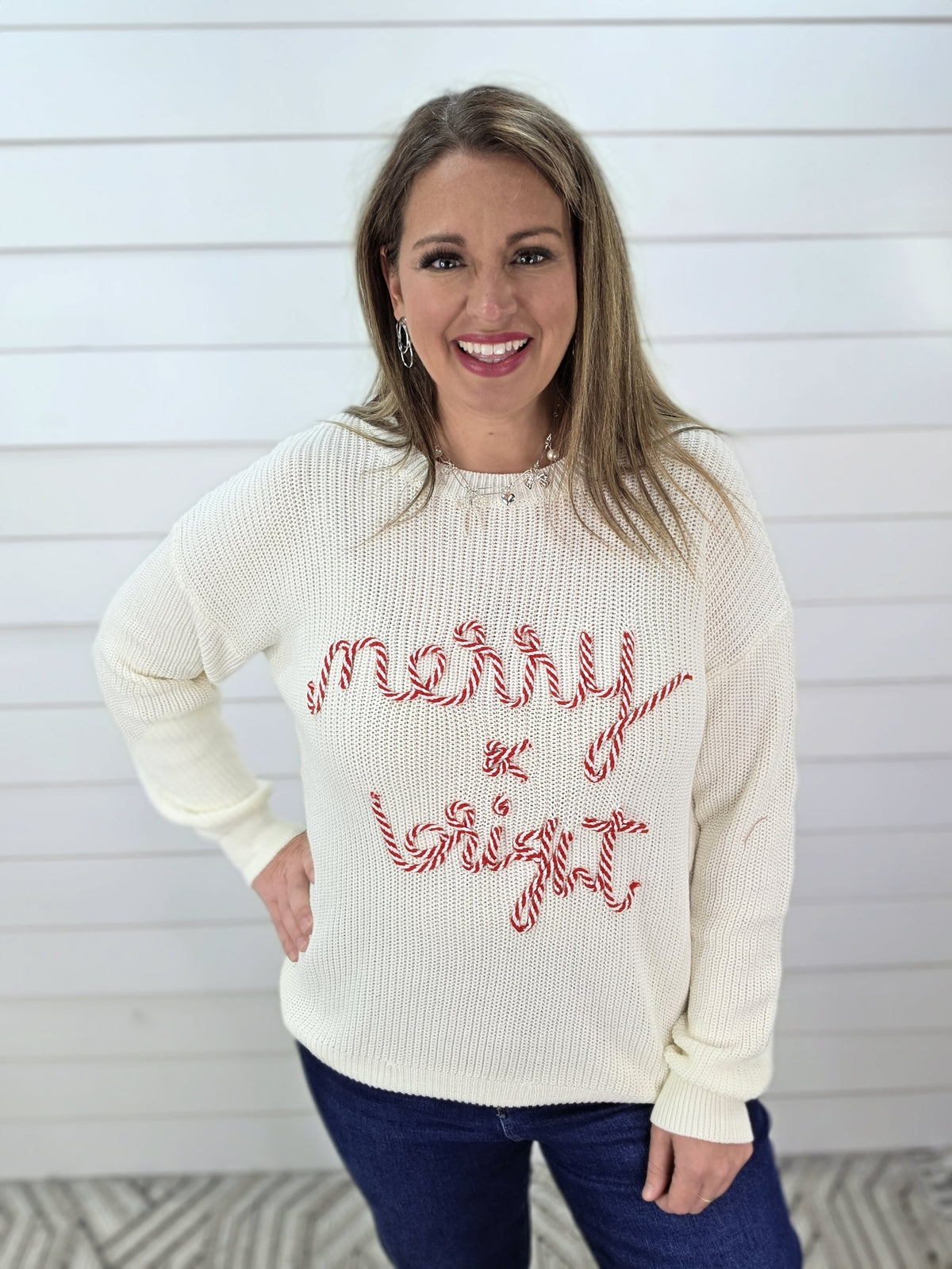 CREAM CANY CANE "MERRY & BRIGHT" SWEATER