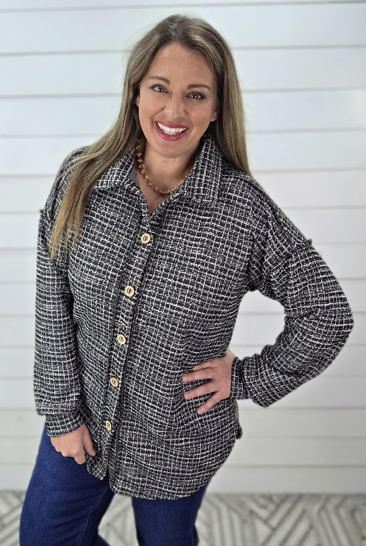 BLACK/CREAM GLITZ PLAID SOFT TWEED BUTTON DOWN