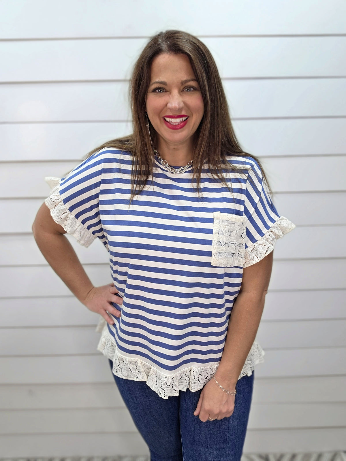 BLUE STRIPED KNIT TOP W/ LACE ACCENTS