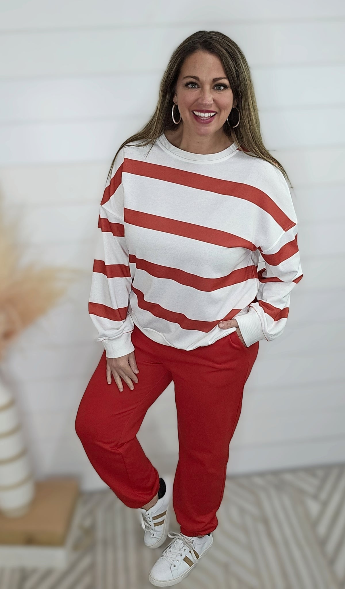 RED STRIPED TOP W/ JOGGER BOTTOM FRENCH TERRY SET