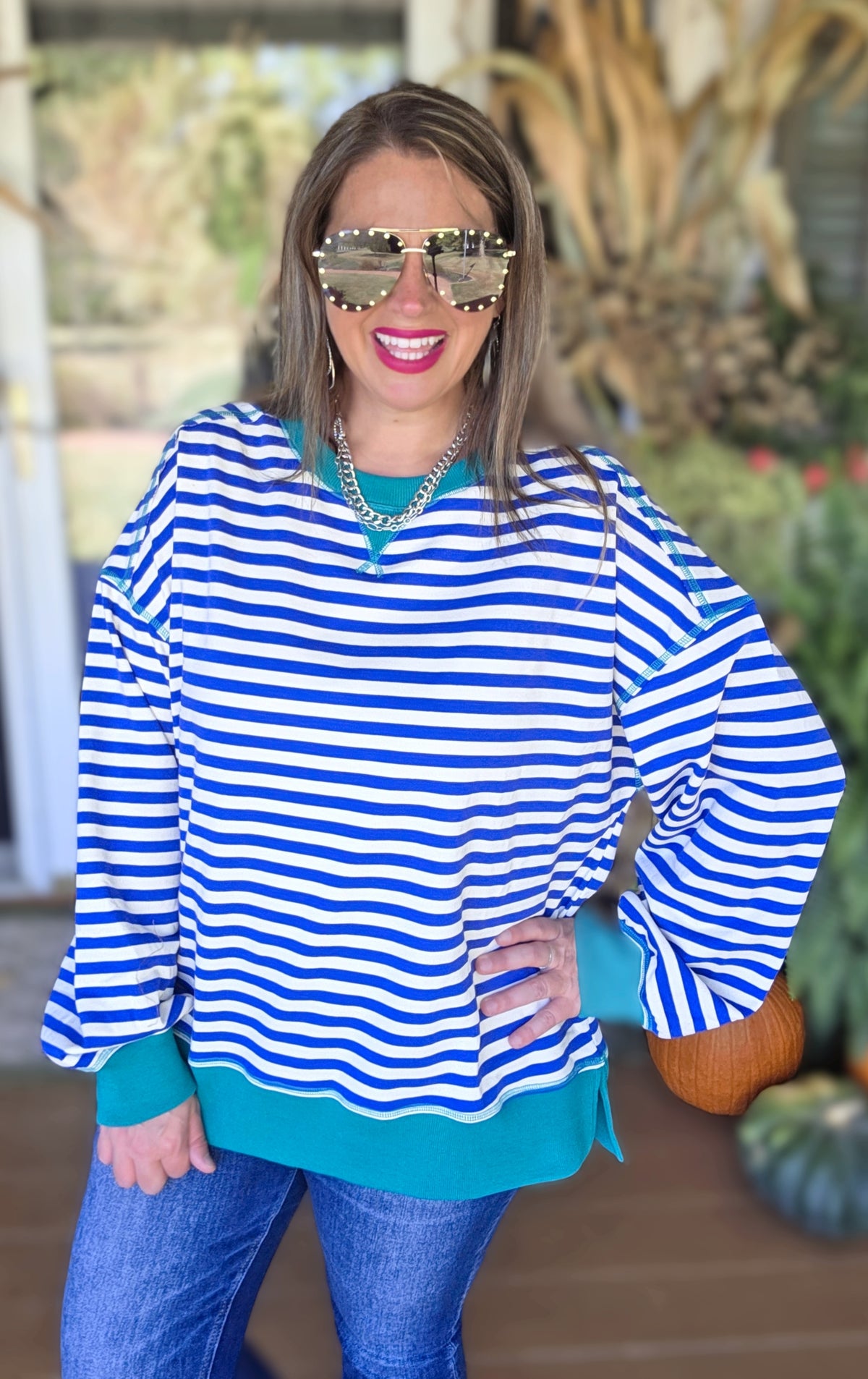 ROYAL BLUE STRIPED/GREEN TRIM FRENCH TERRY RELAXED FIT TOP