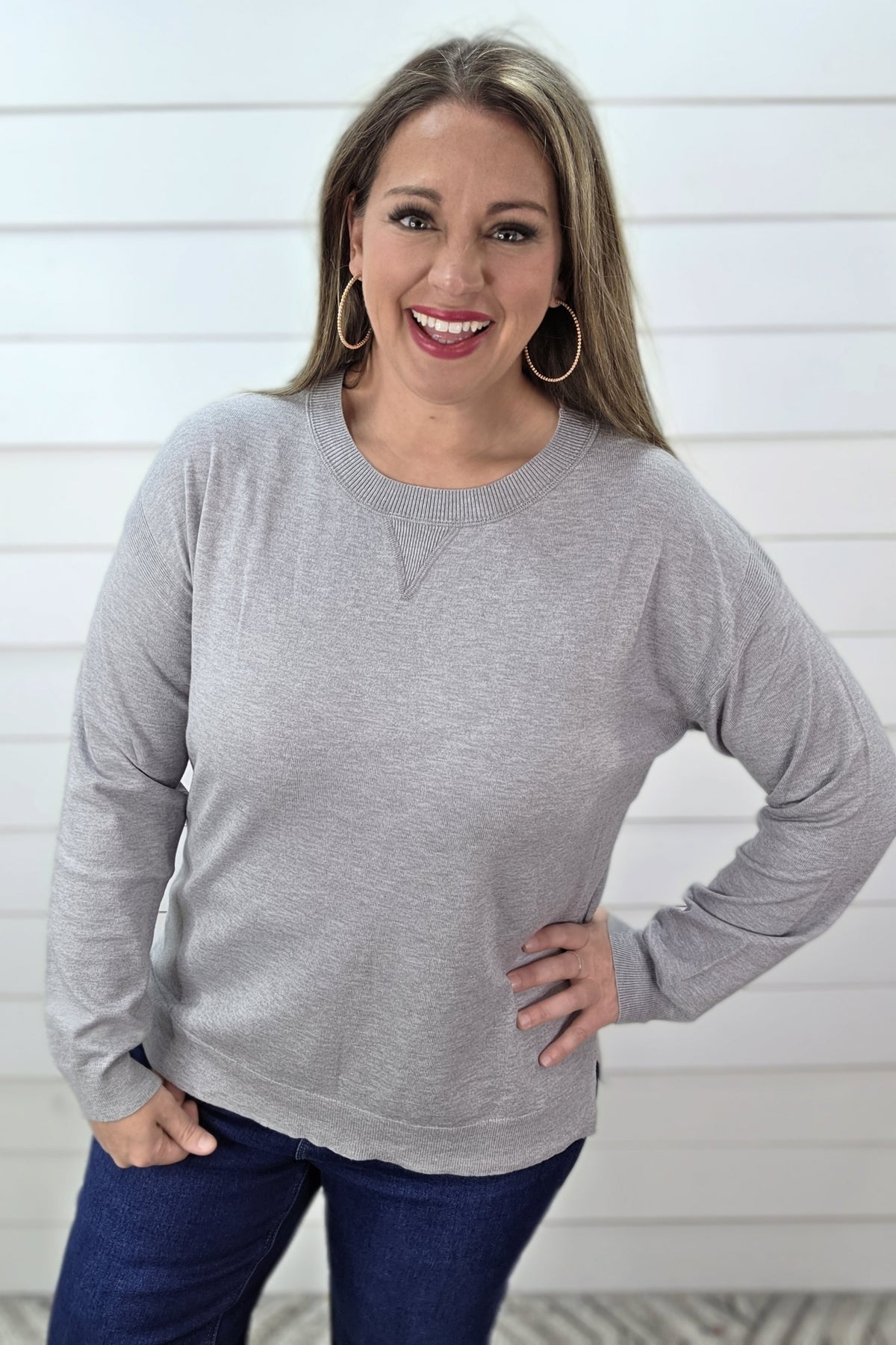 HEATHER GREY LIGHT WEIGHT CREW NECK PULLOVER SWEATER