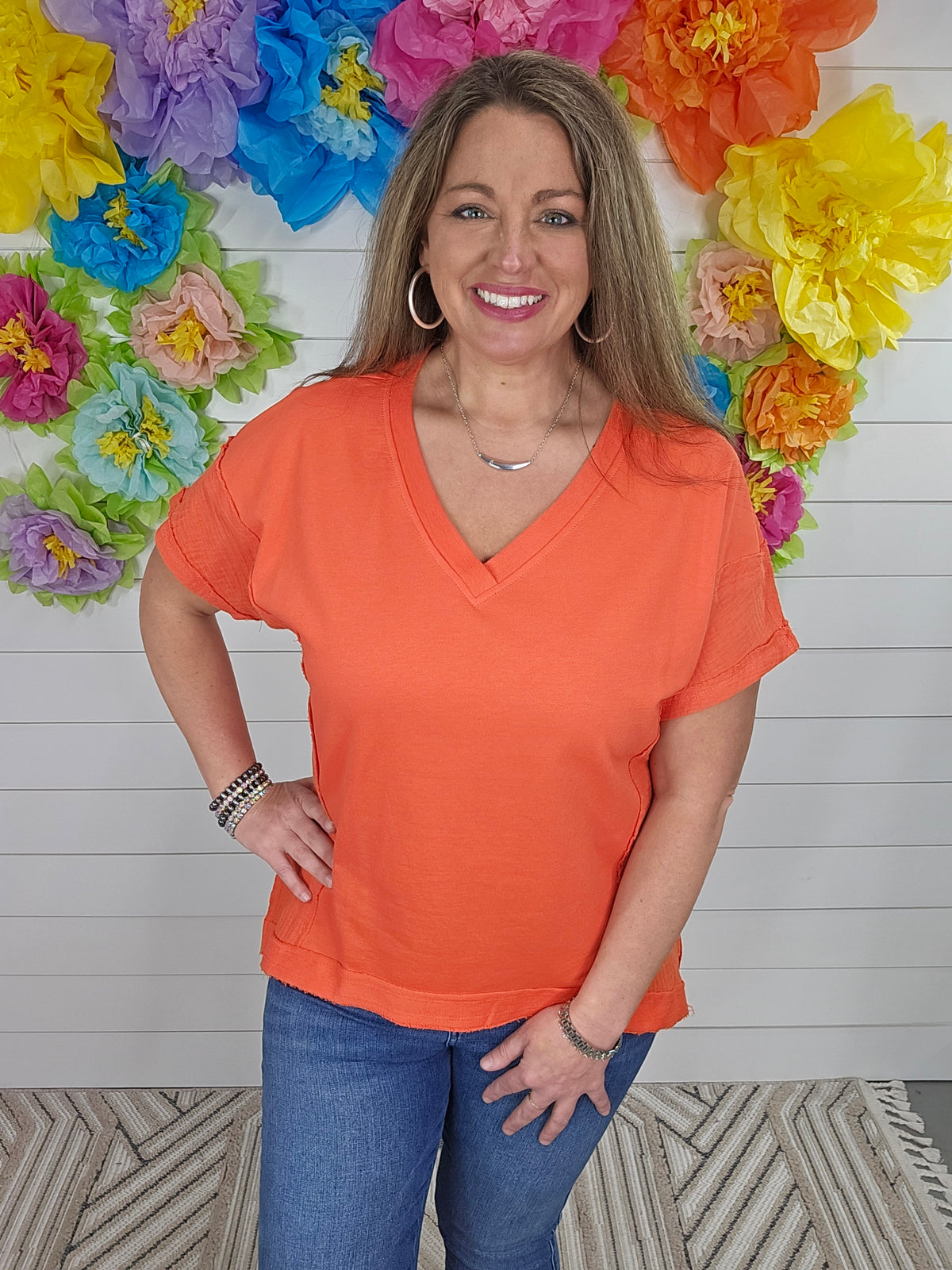 ORANGE FRENCH TERRY BOXY CUT VNECK TOP