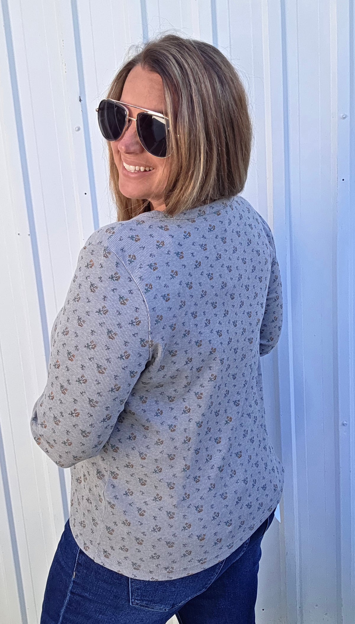 HEATHER GREY Henry Button Nk, Long sleeve, Floral Printed Rib Top