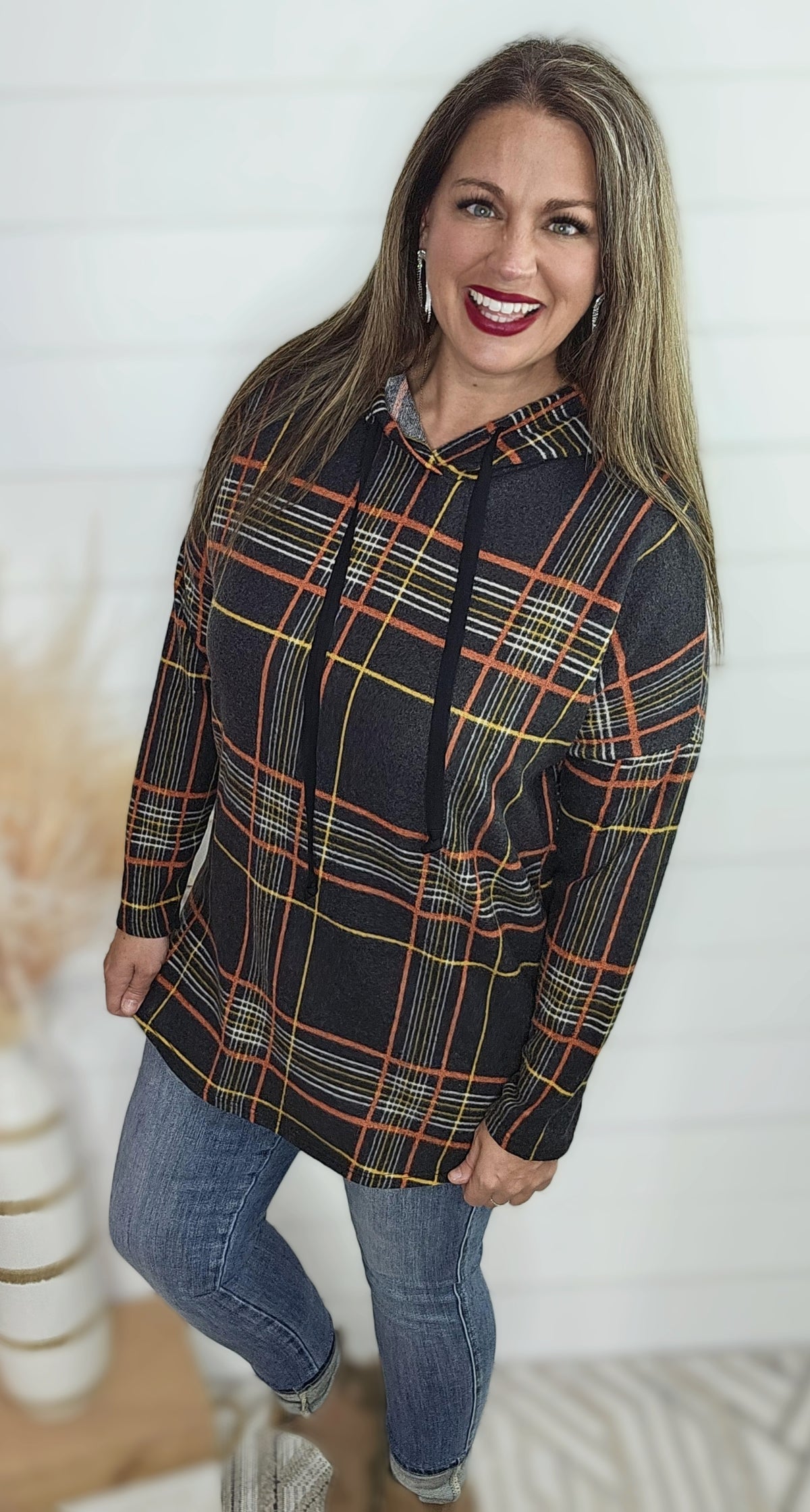 BLACK PLAID KNIT HOODIE