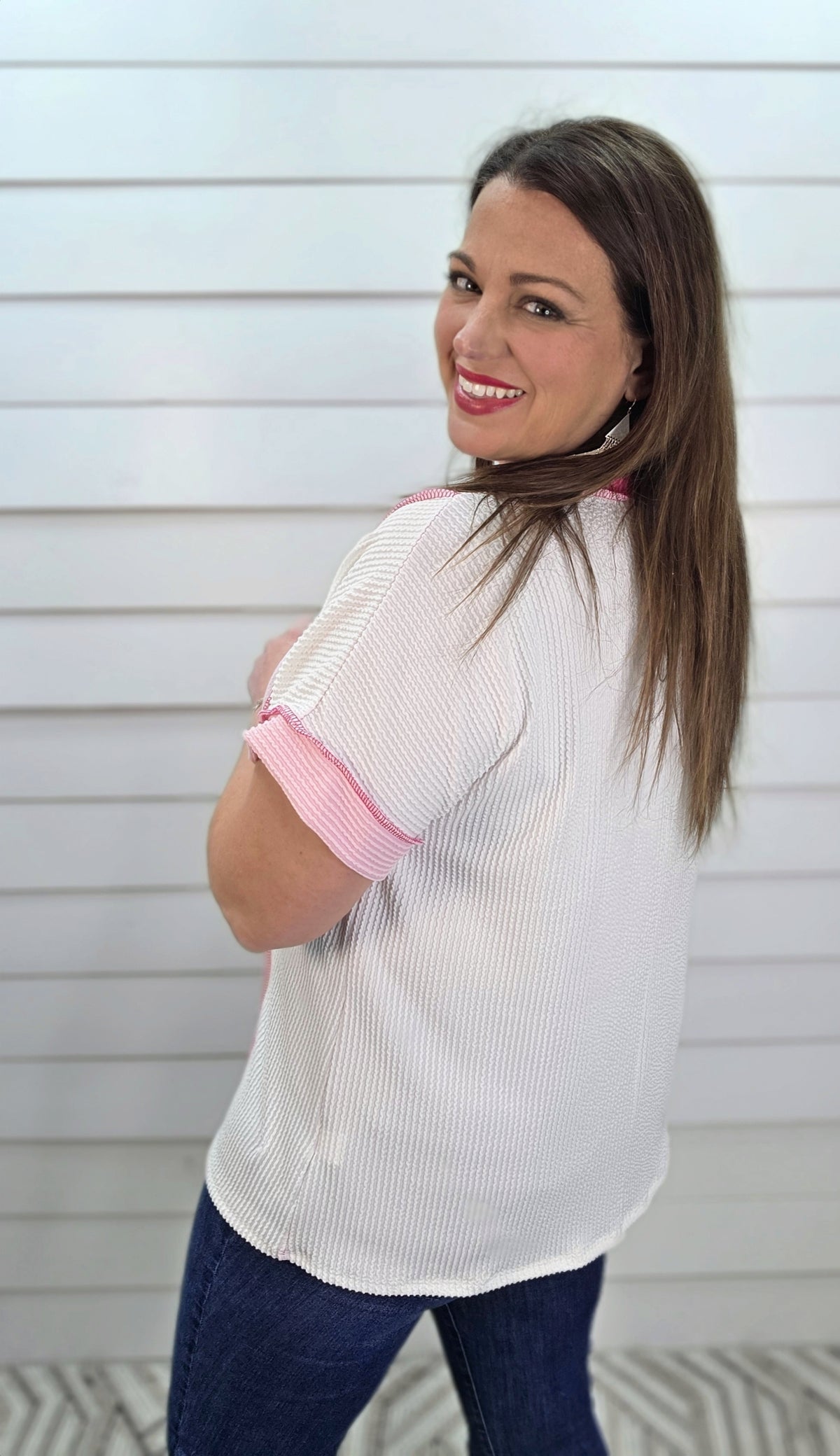 IVORY/FUCHSIA/PINK RAISED RIBBED COLORBLOCK KNIT TOP