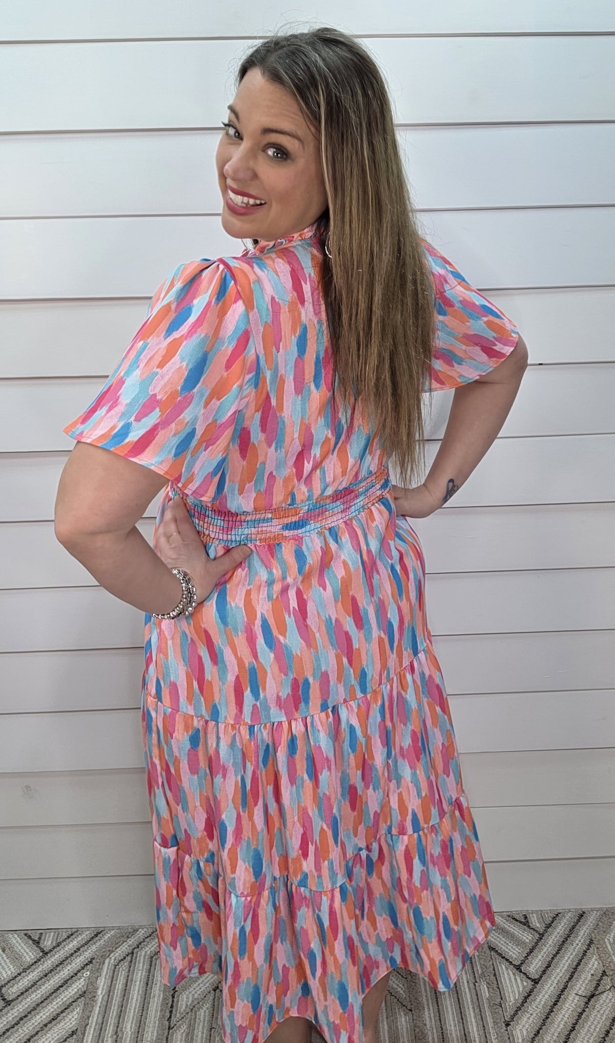 FUCHSIA/MINT BRUSH STROKE SMOCKED WAIST LONG DRESS