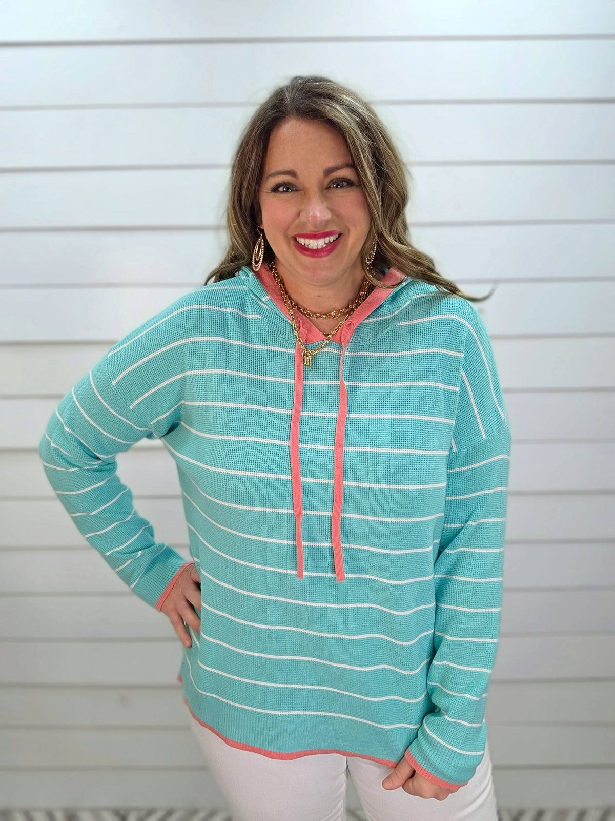 MINT/PINK WAFFLE TEXTURED PULLOVER KNIT HOODIE