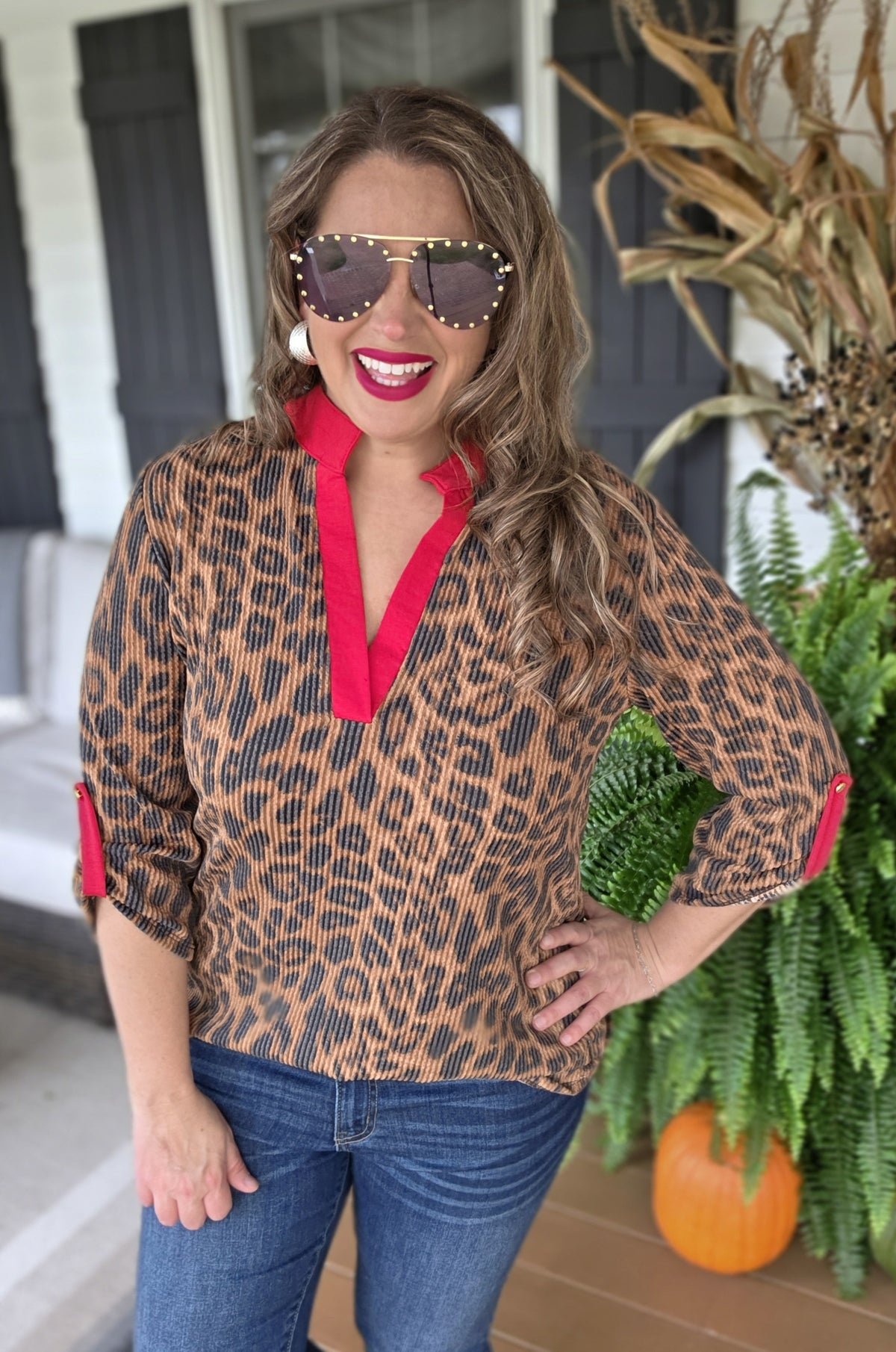 BROWN LEAOPARD/RED TRIM 3/4 SLEEVE KNIT TOP