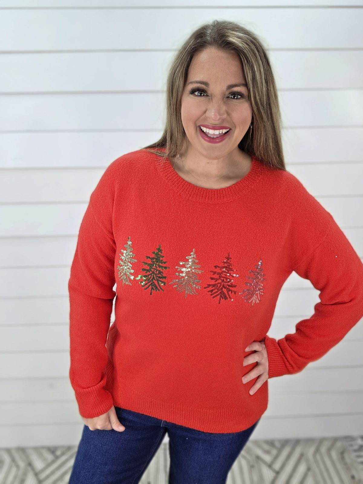 RED SEQUIN TREE KNIT SWEATER