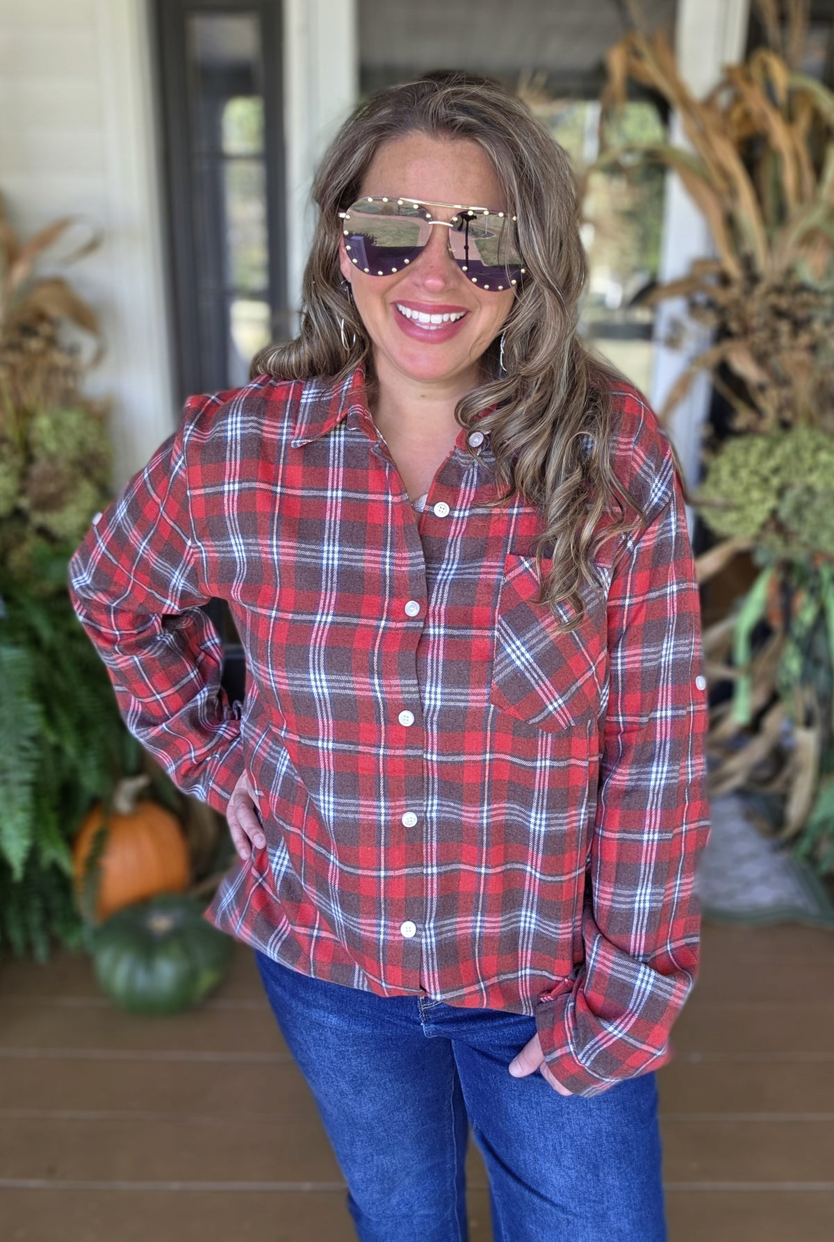 RED CHECK PLAID BUTTON DOWN FLANNEL
