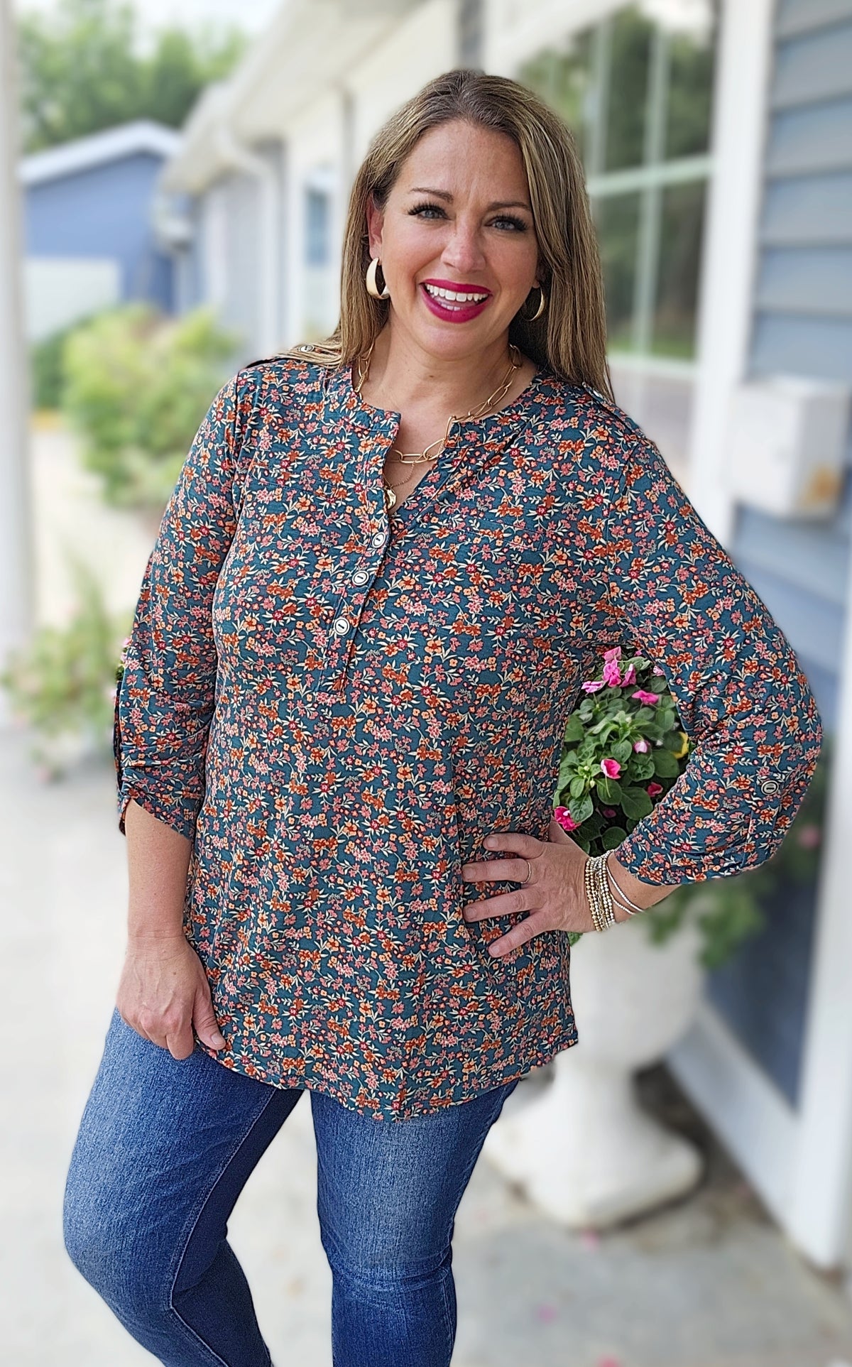 DEAR SCARLETT HUNTER GREEN/RUST FLORAL LUXE LIZZY TOP