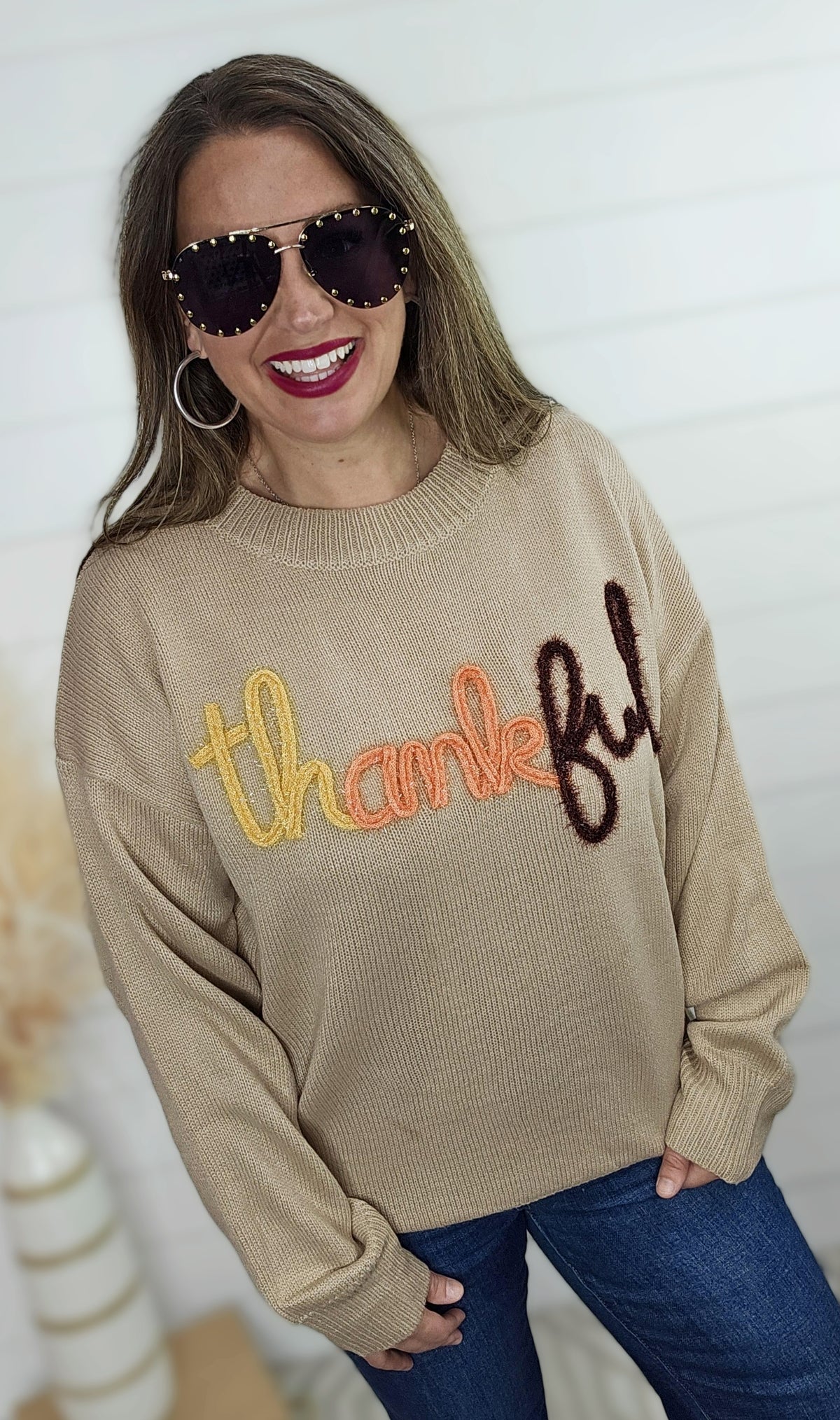 TAUPE METALLIC GLITTER POP "THANKFUL " SWEATER