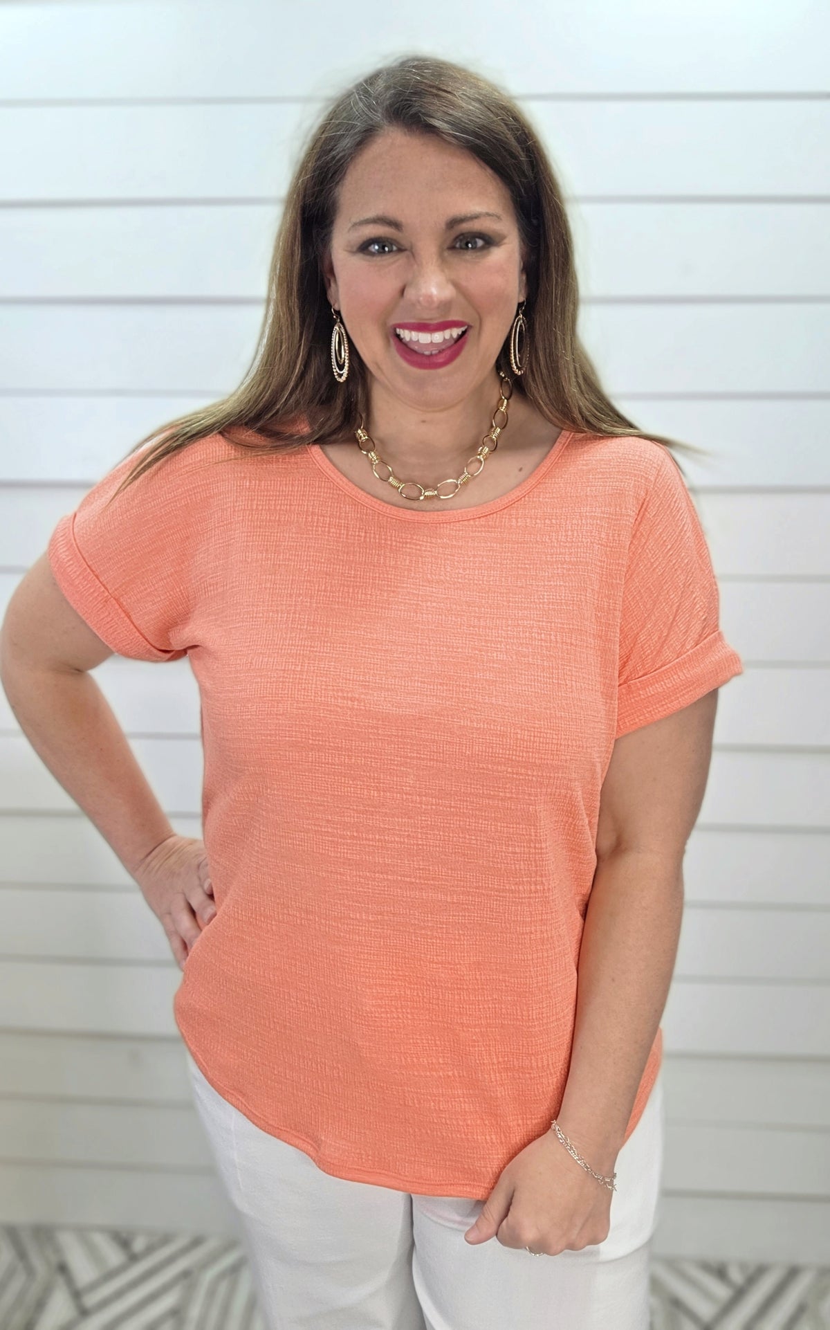 TANGERINE KNIT TOP W/ BUTTON BACK DETAIL