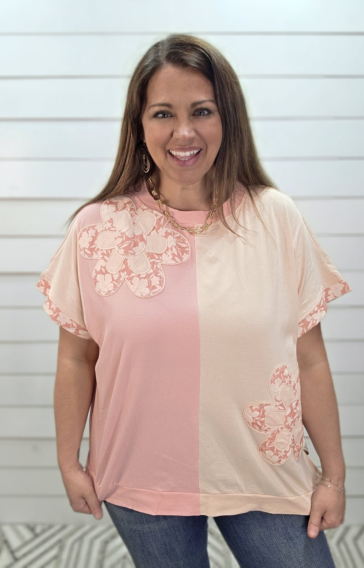 PEACH/PINK COLORBLOCK FLORAL KNIT TOP