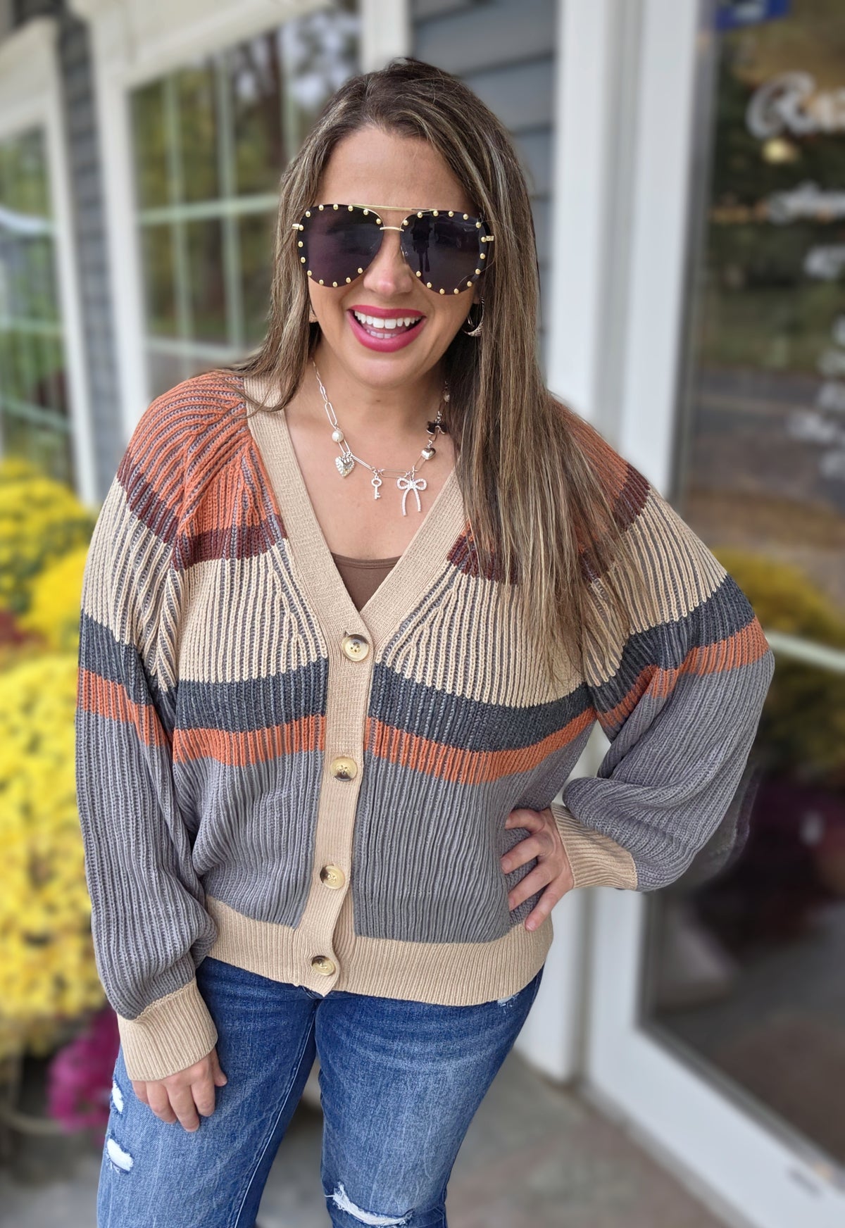 TAUPE/RUST/CHARCOAL V NECK BUTTON CARDIGAN/SWEATER