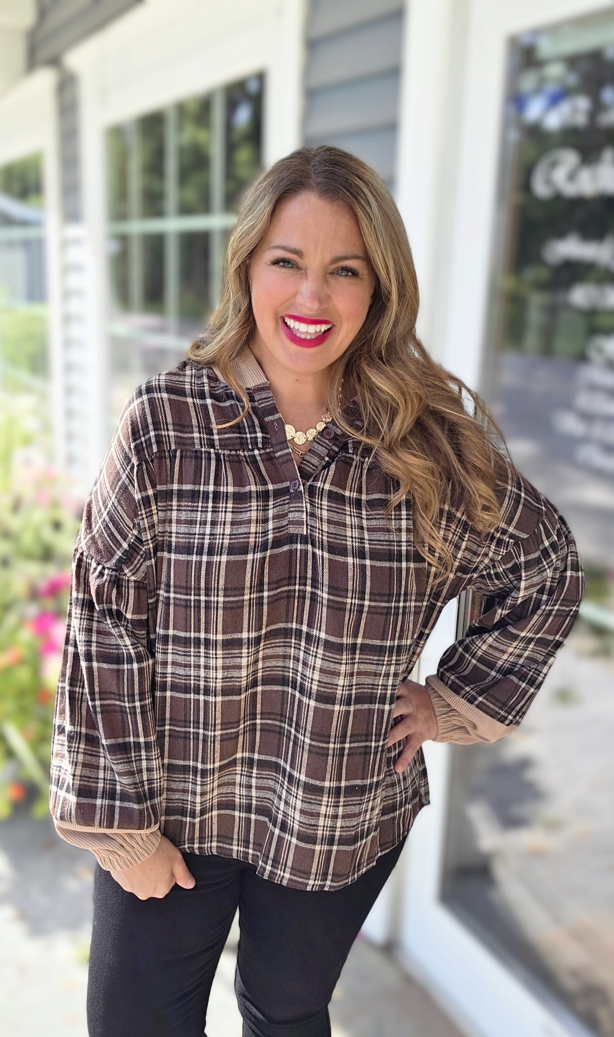 BROWN PLAID LONG SLEEVE HOODED TOP