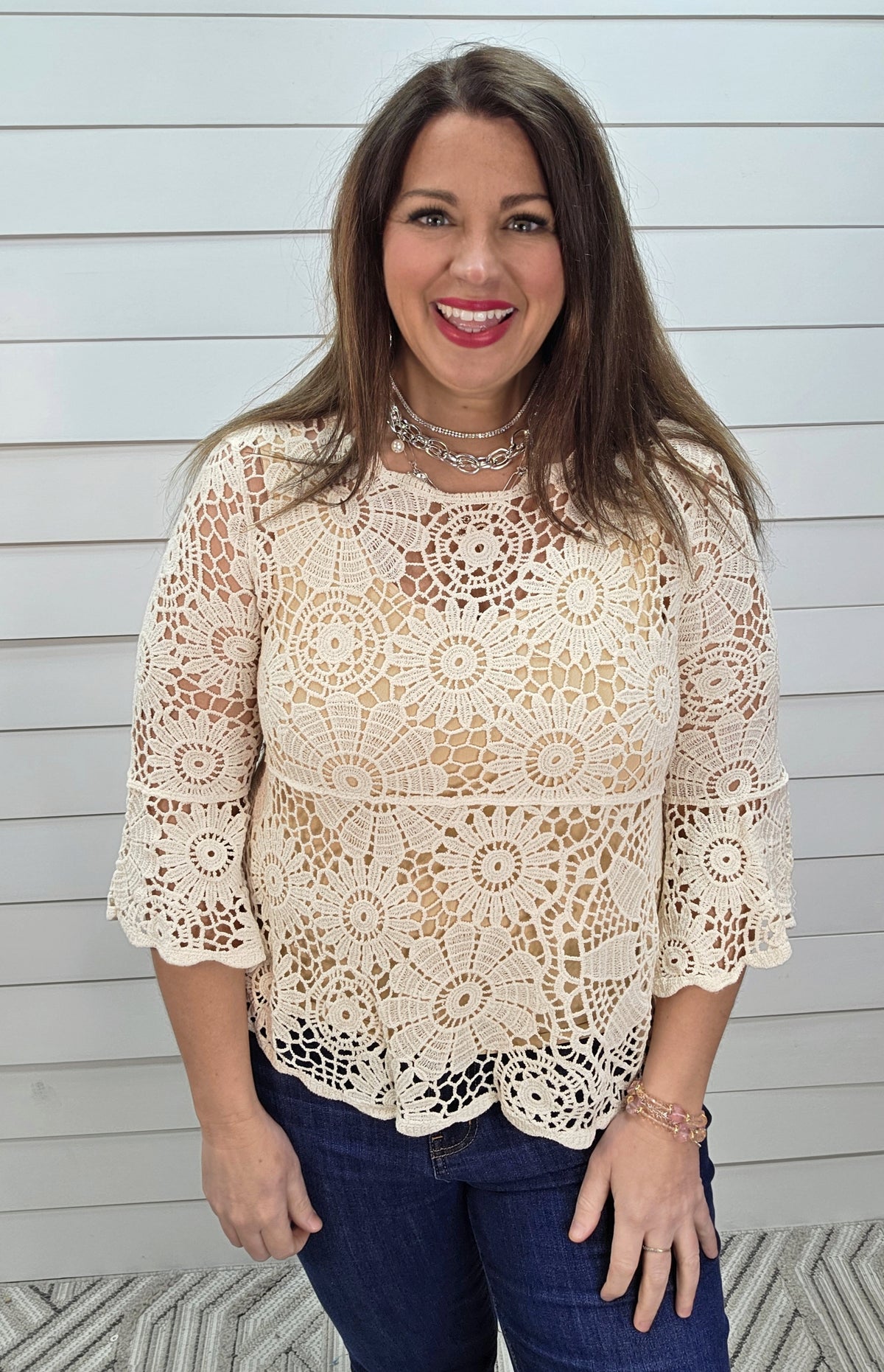 BEIGE 3/4 BELL SLEEVE CROCHET BLOUSE WITH SCALLOPED EDGE