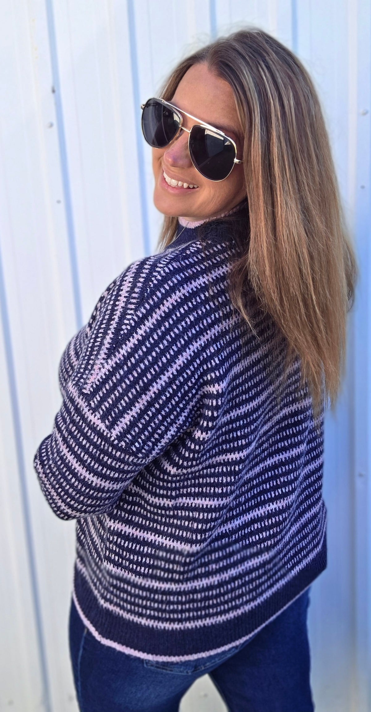 NAVY/LAVENDER Texture Striped, Crew Neck, Long Sleeve, Pullover Sweater