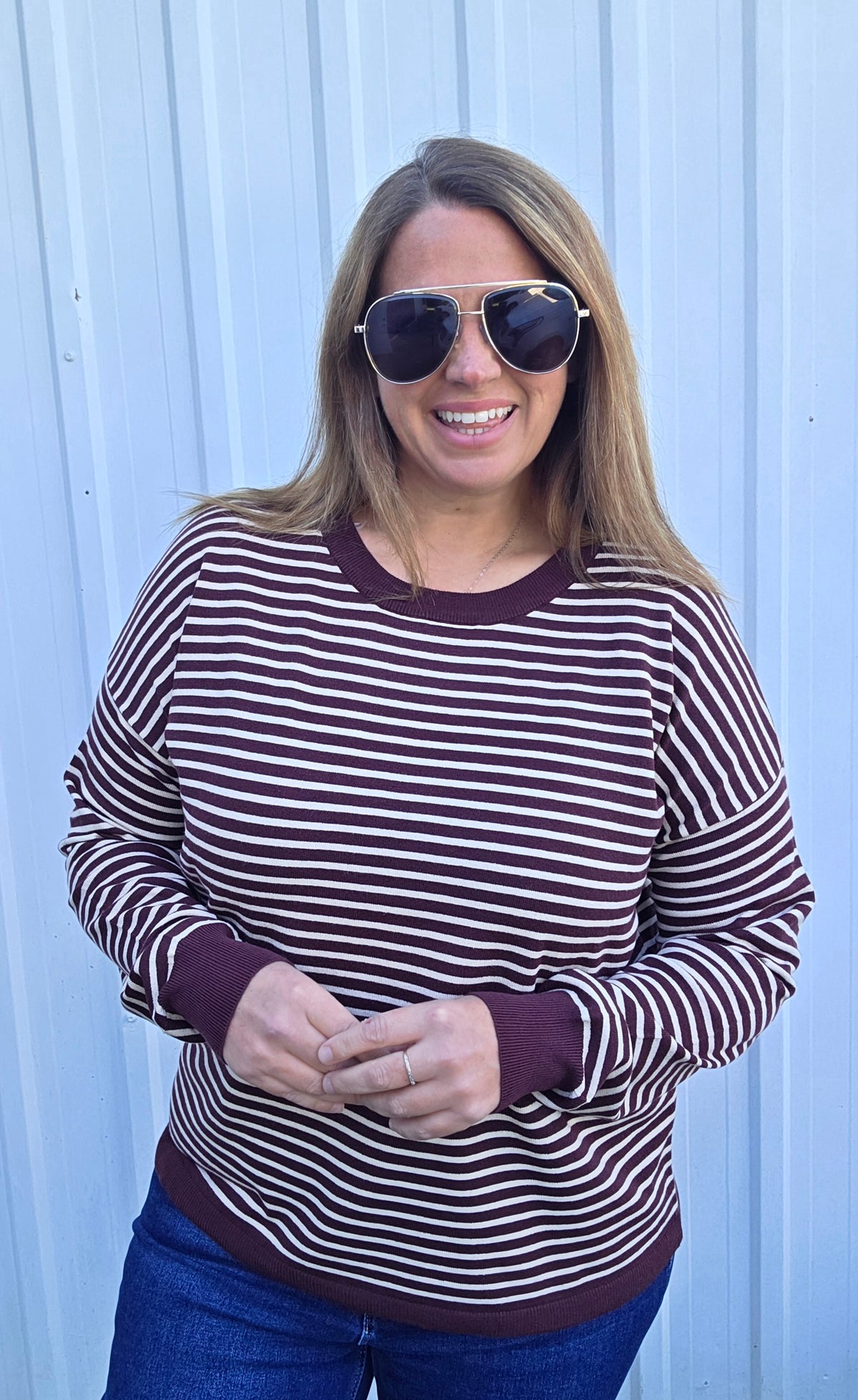 DARK PLUM Crew Neck Long Sleeve LIGHT WEIGHT Loose Fit Striped Pullover Sweater