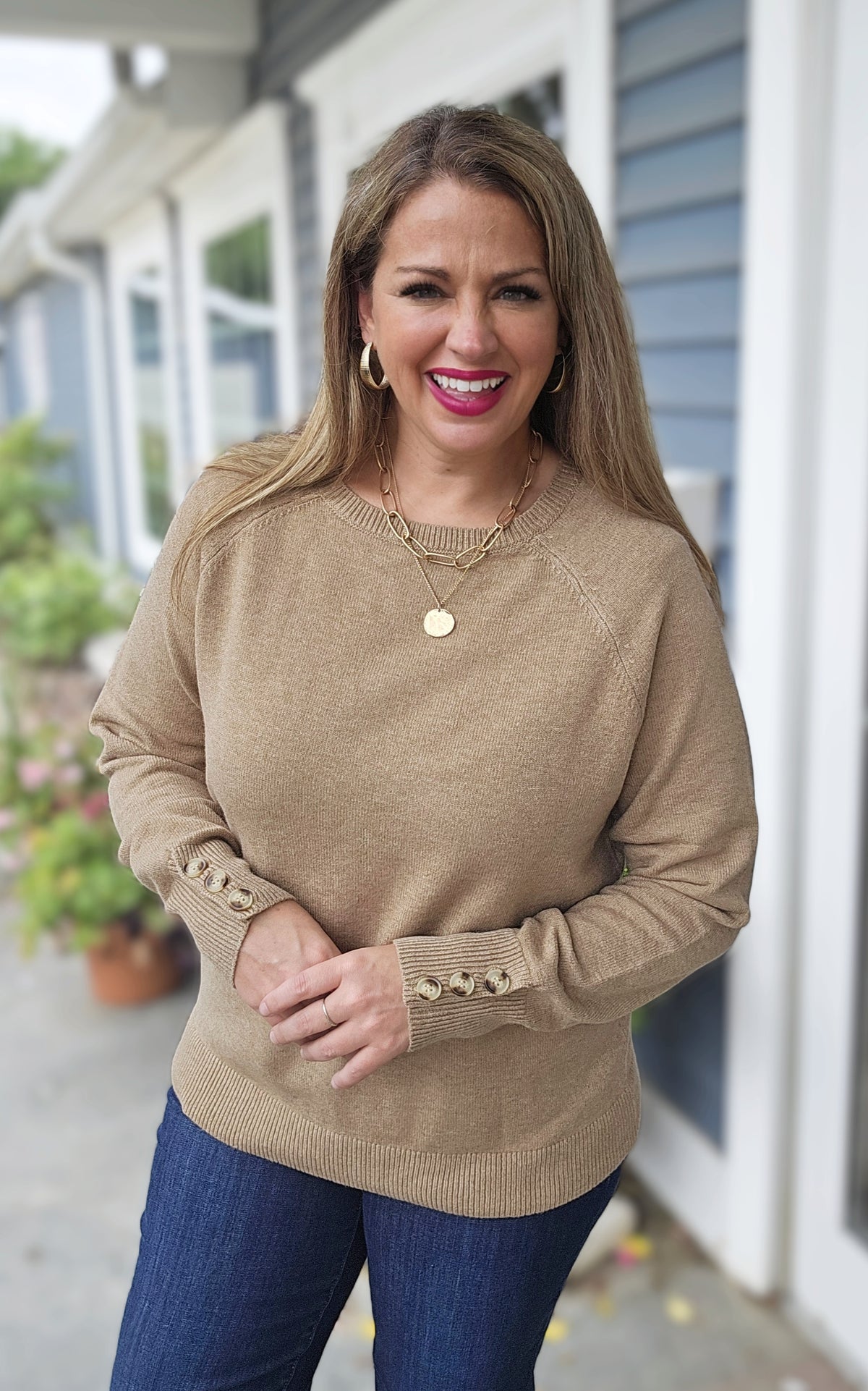 MOCHA ULTRA SOFT BUTTON CUFF TRIM SWEATER