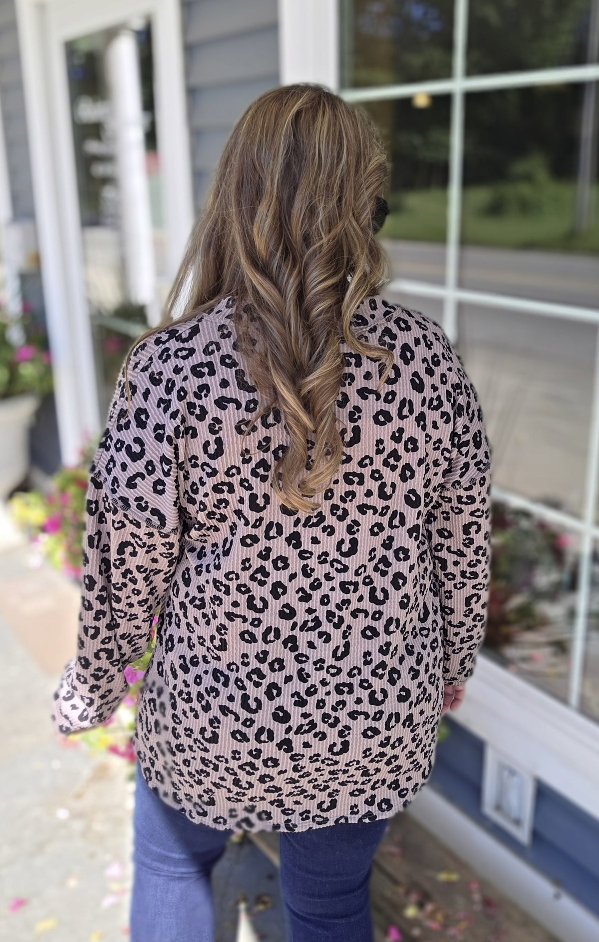 MOCHA LEOPARD RAISED RIBBED V NECK LONG SLEEVE KNIT TOP