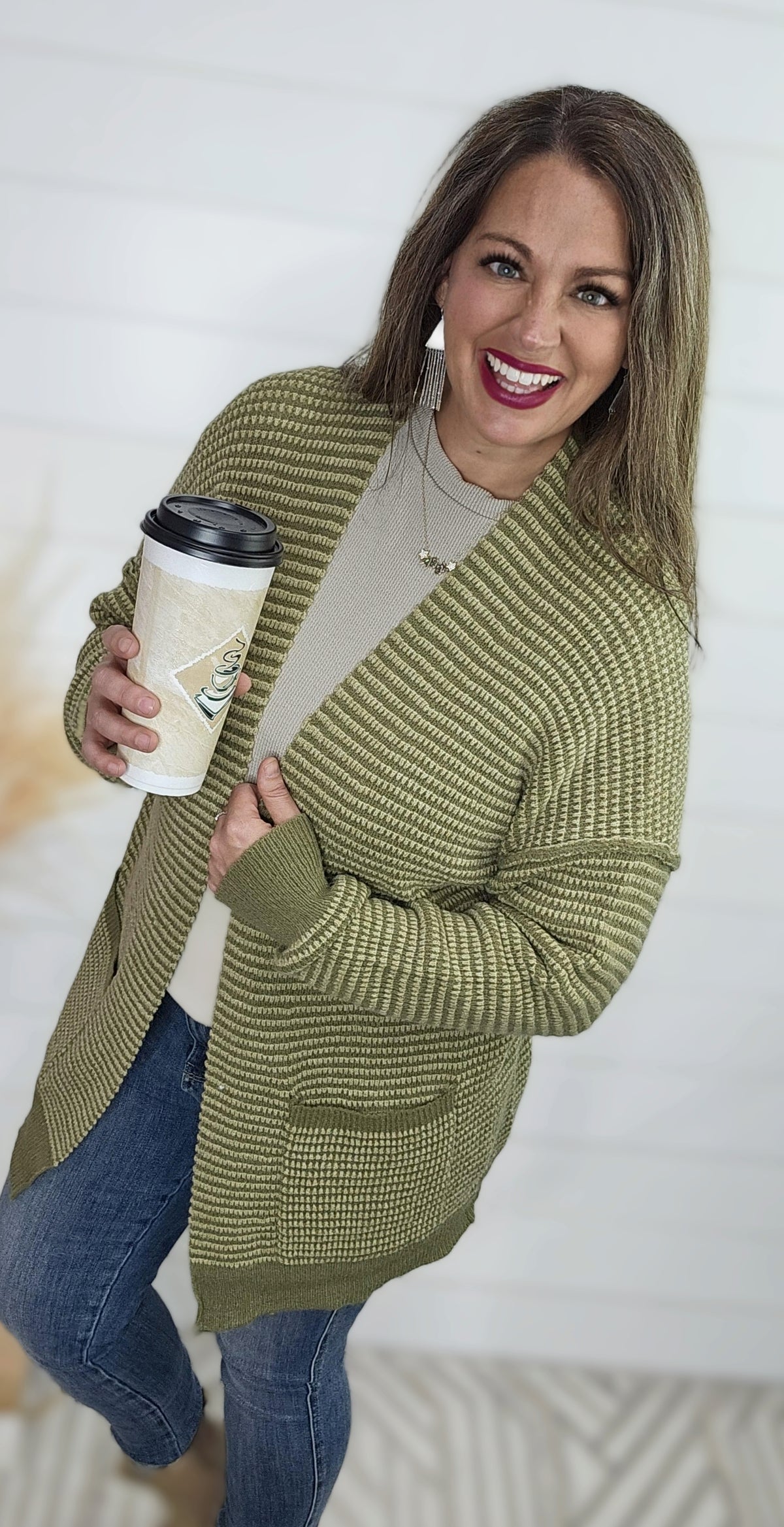 OLIVE TWO TONE WAFFLE TEXTURE OPEN KNIT CARDIGAN