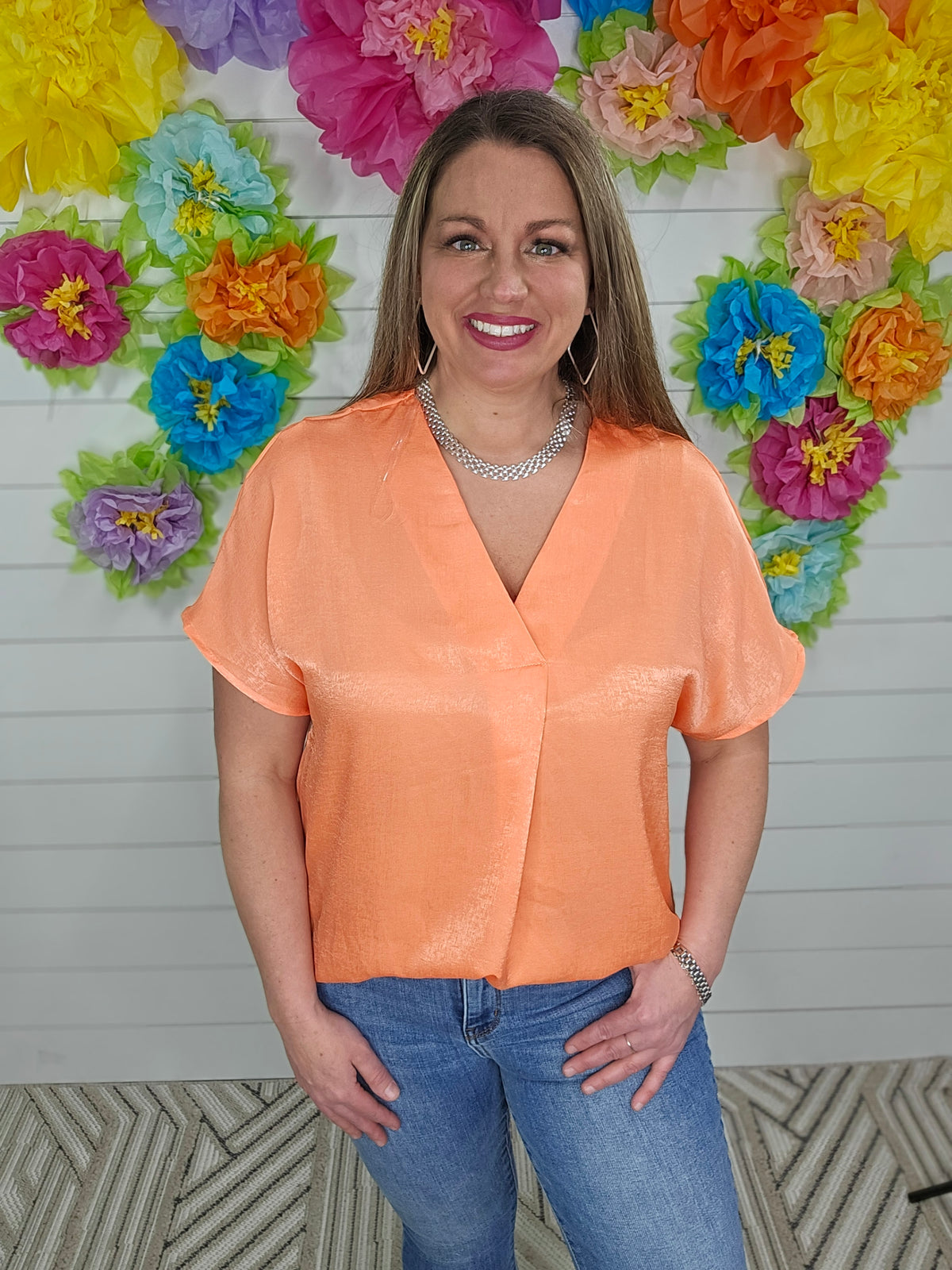 ORANGE V NECK PLEATED DOLMAN TOP