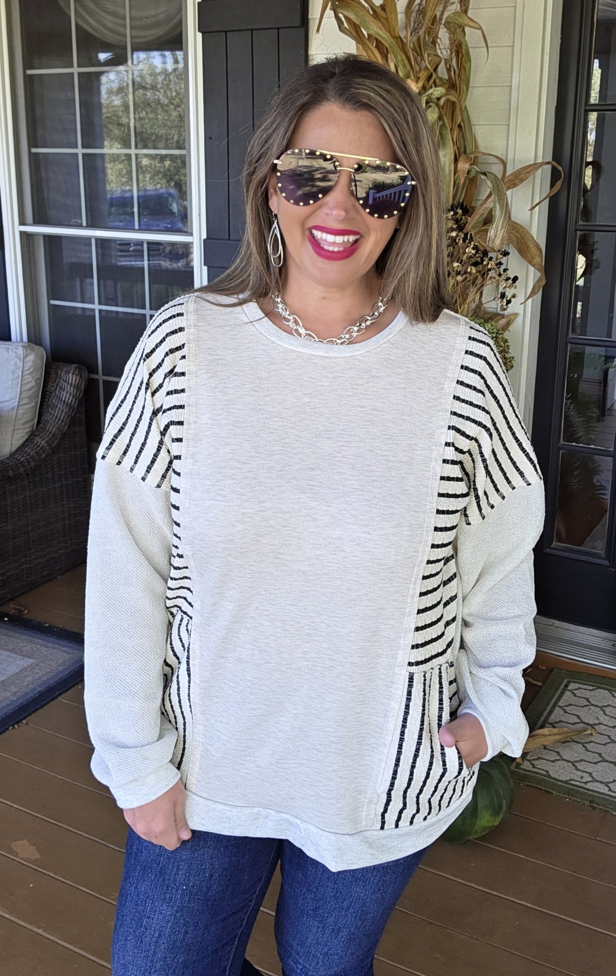 OATMEAL FRENCH TERRY BLACK STRIPED TEXTURED CONTRAST KNIT TOP