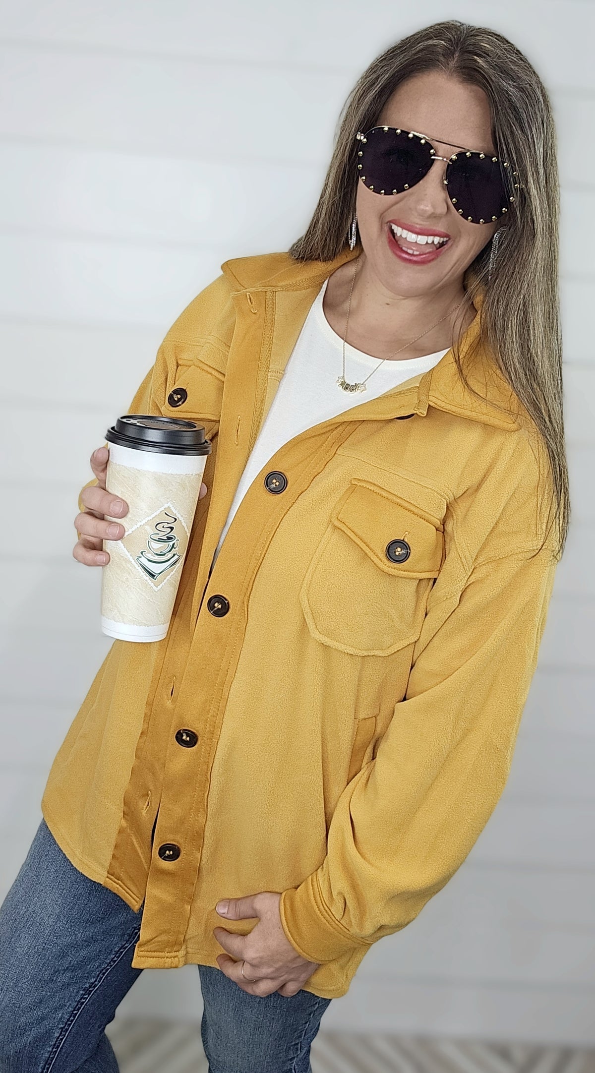 OVERSIZED PLUSH FLEECE SHACKET - MUSTARD