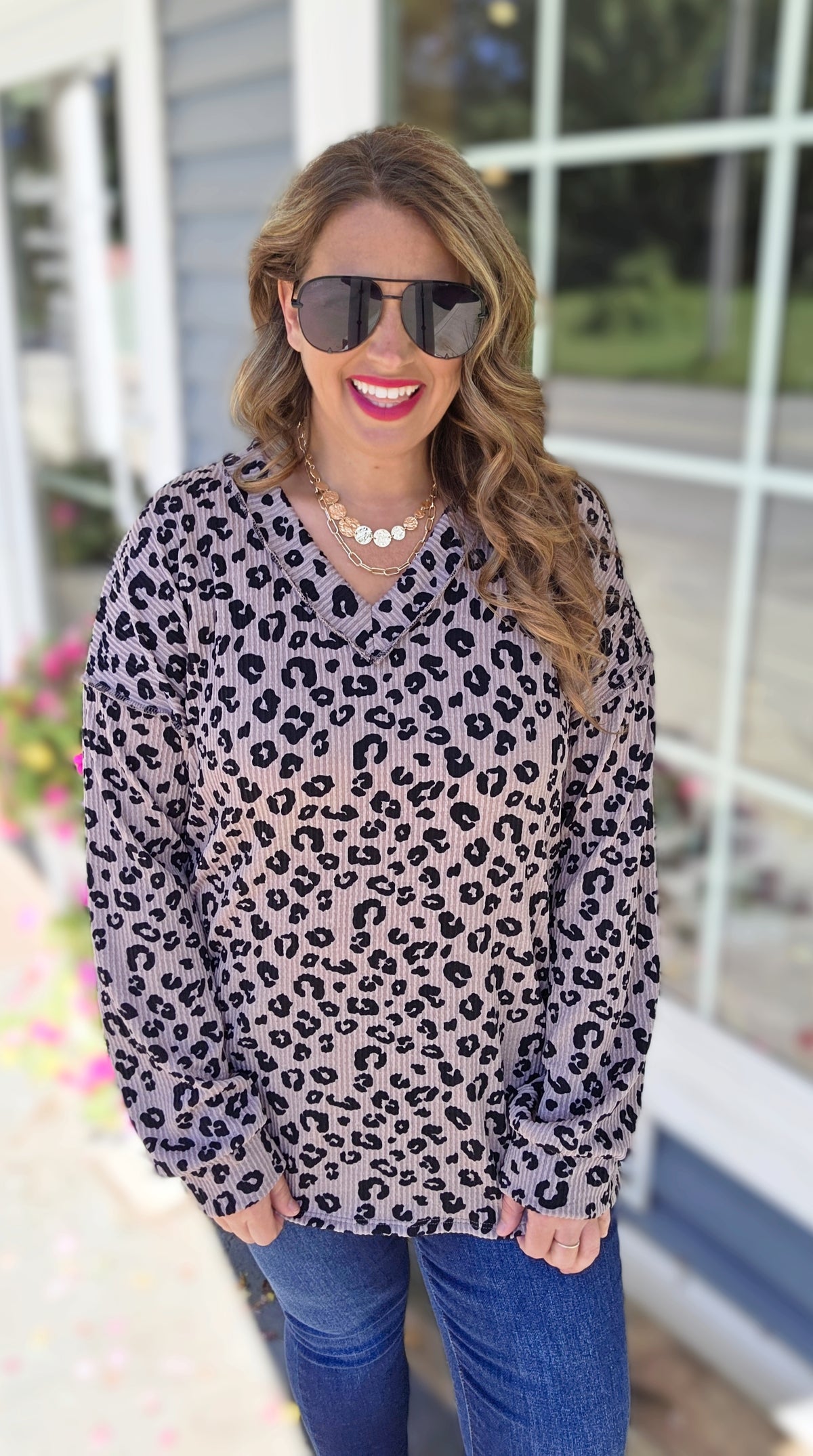 MOCHA LEOPARD RAISED RIBBED V NECK LONG SLEEVE KNIT TOP