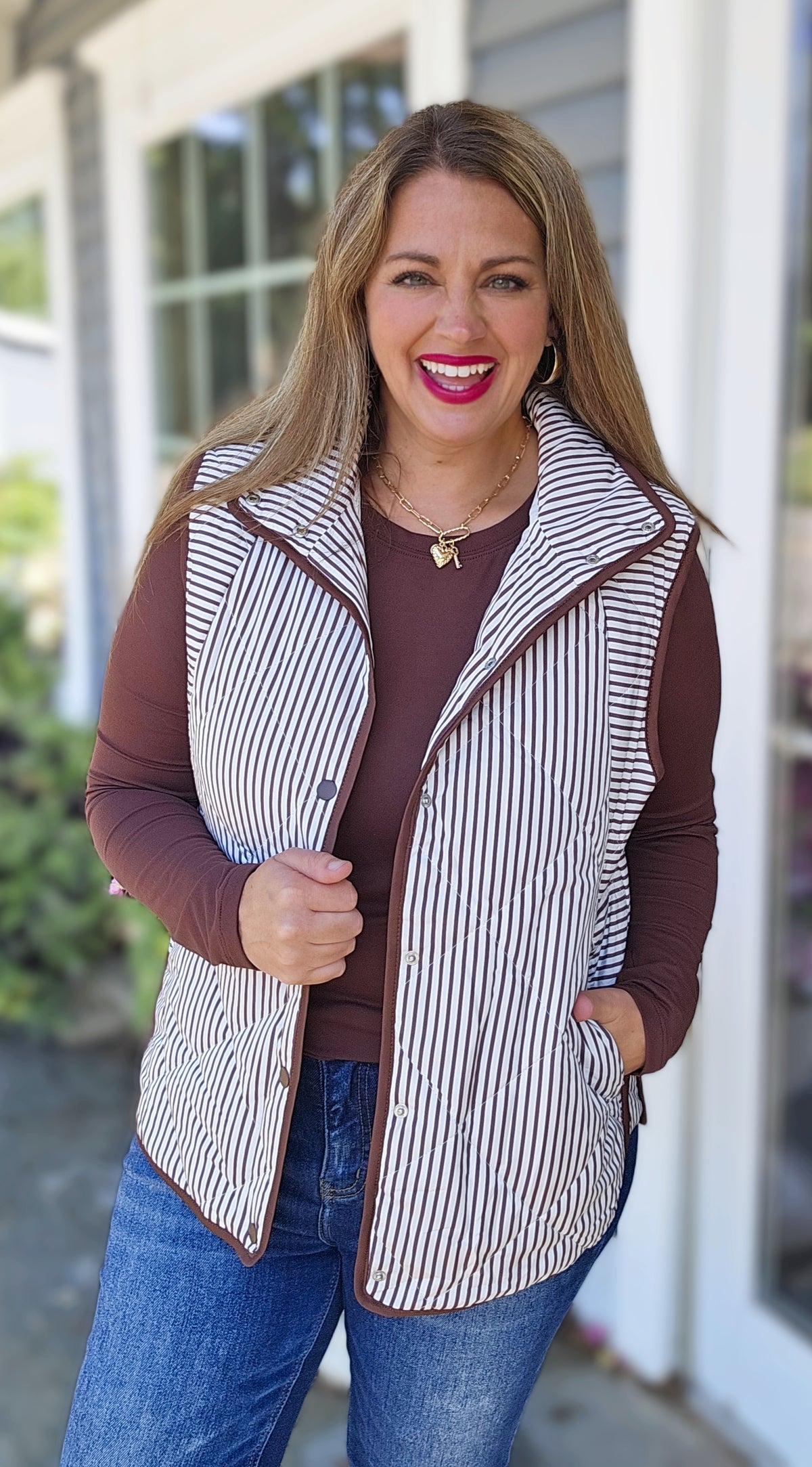 BROWN AND WHITE PINSTRIPED SNAP BUTTON VEST