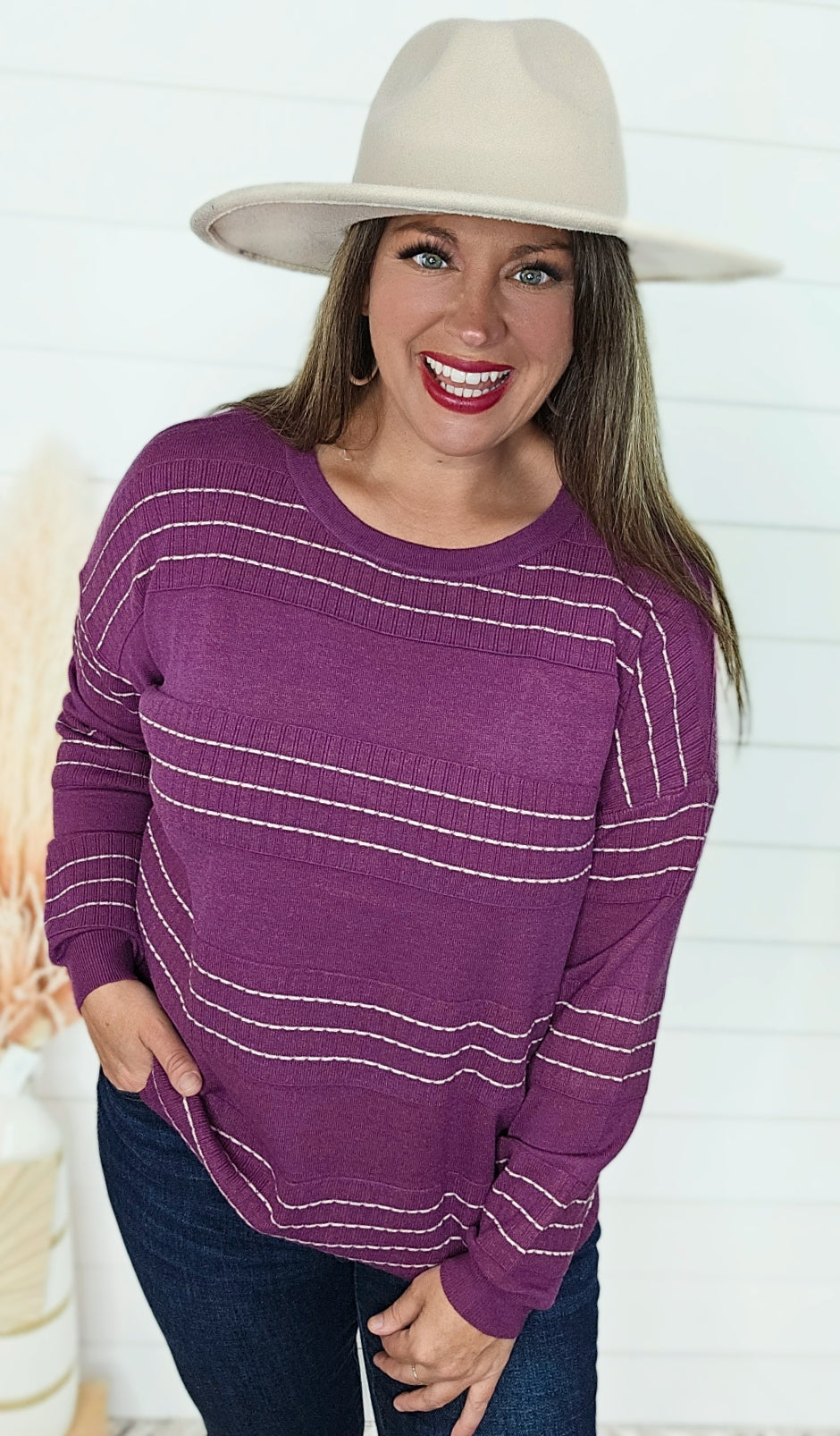 MAGENTA STITCH STRIPED CREW NECK LIGHT WEIGHT SWEATER